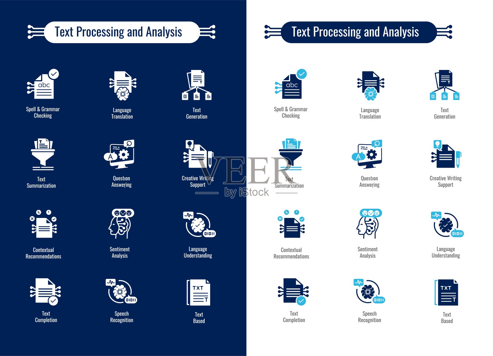 文本处理和分析图标。理解和操作文本。图标NLP,分析,总结,情绪和更多。插画图片素材