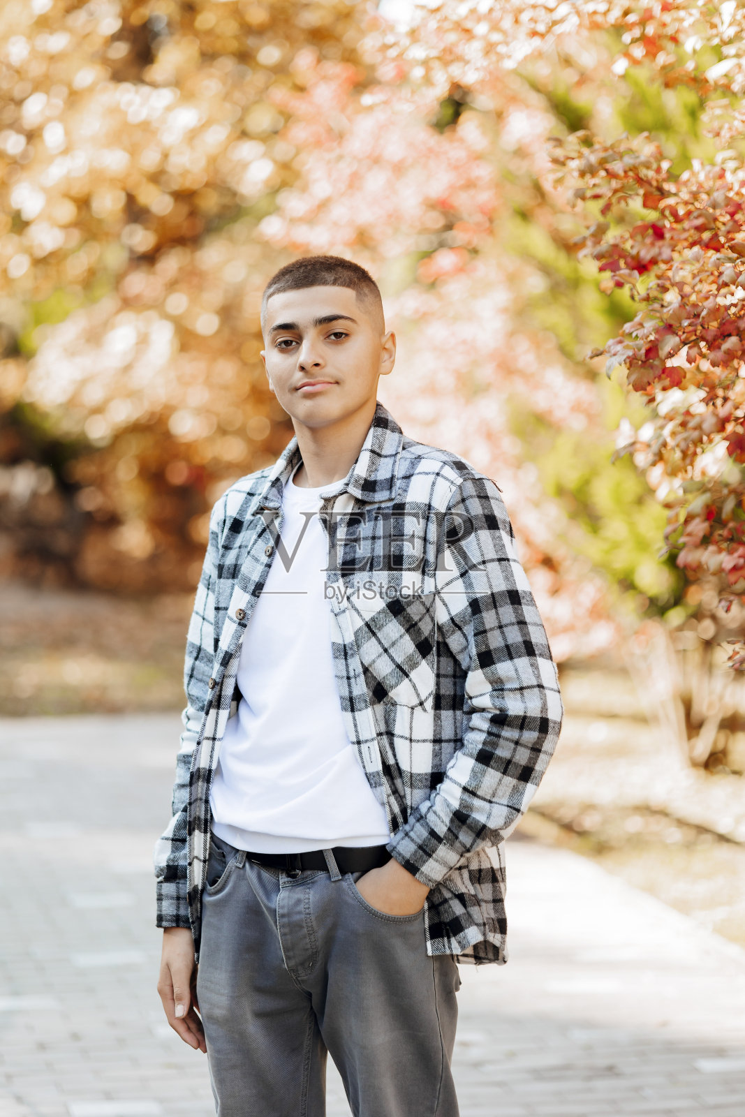 一个穿着休闲服的青少年的垂直特写肖像。阳光下秋天公园里快乐微笑的少年。一个美丽的孩子在大自然中看着相机。照片摄影图片