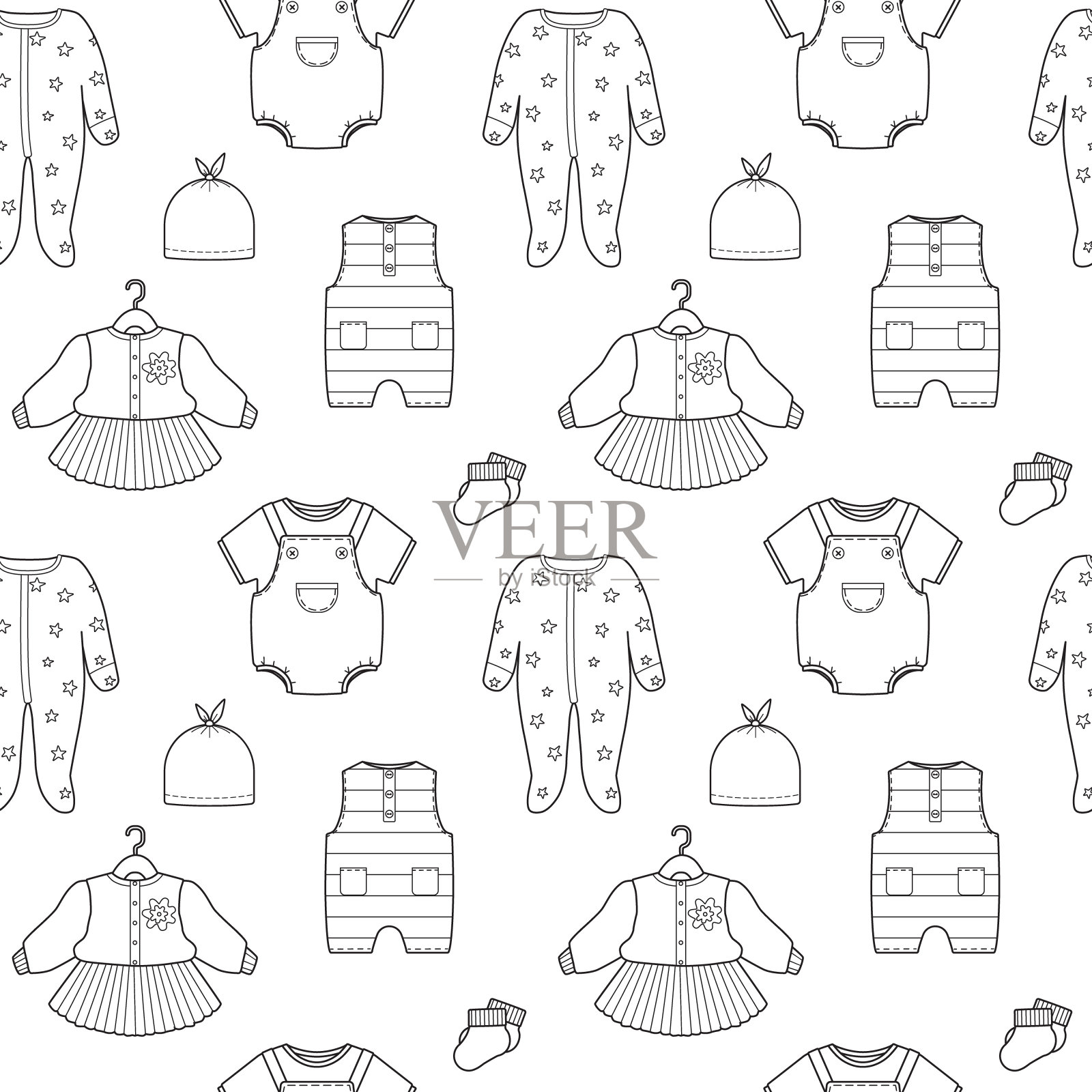 手绘无缝图案与婴儿服装。涂鸦新生矢量插图设计纺织品插画图片素材