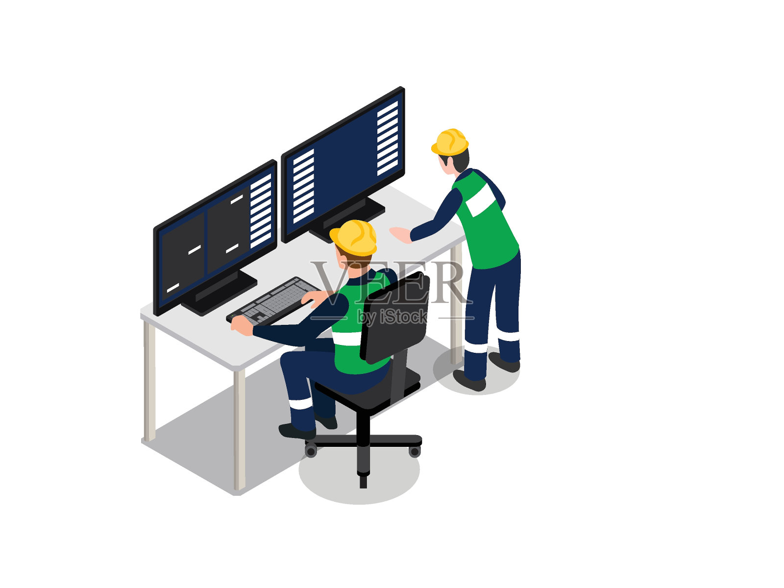 戴着头盔在电脑前工作的建筑工程师插画图片素材