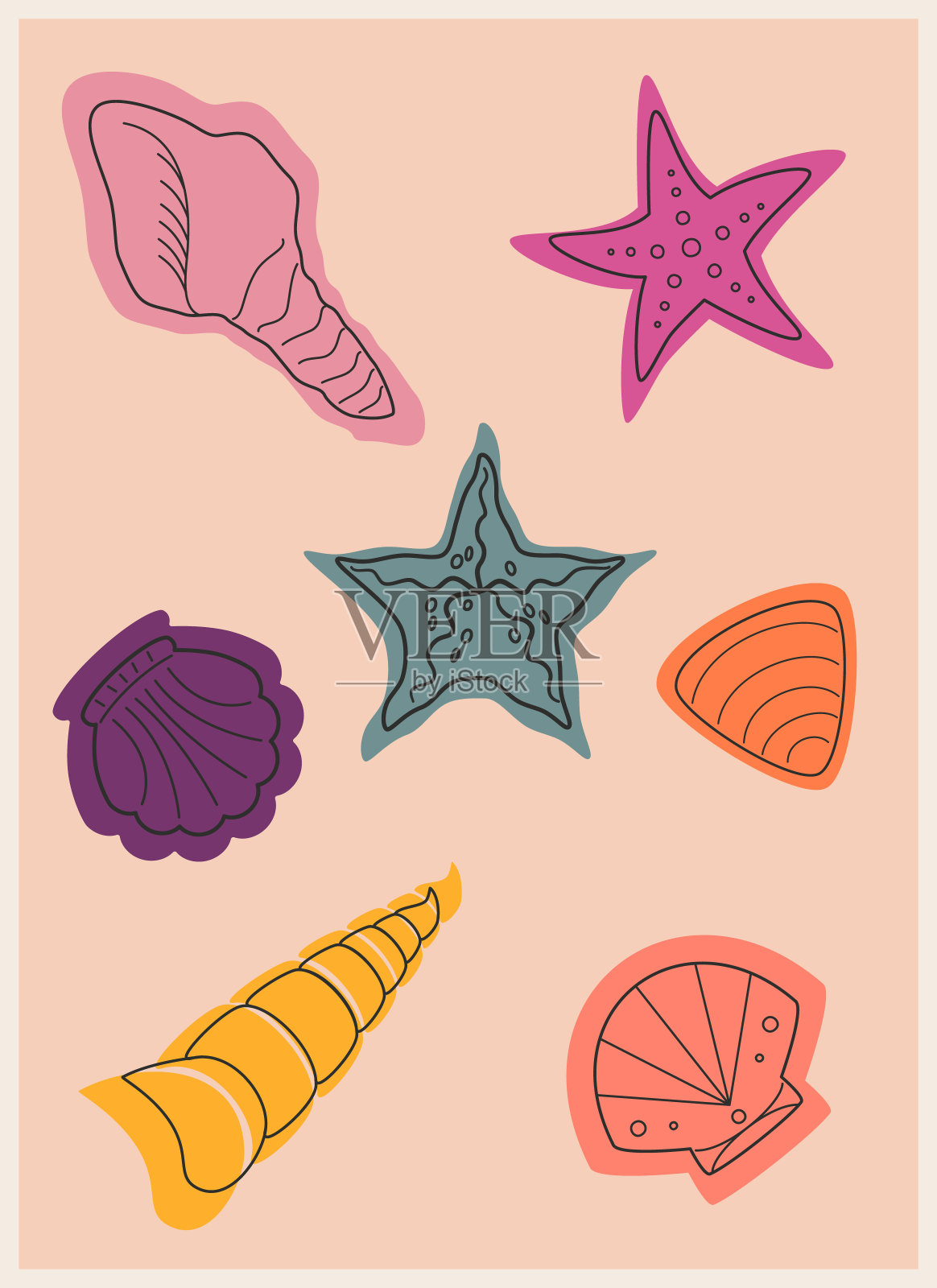 复古海报集不同颜色的贝壳和海星与一个黑色的轮廓插画图片素材