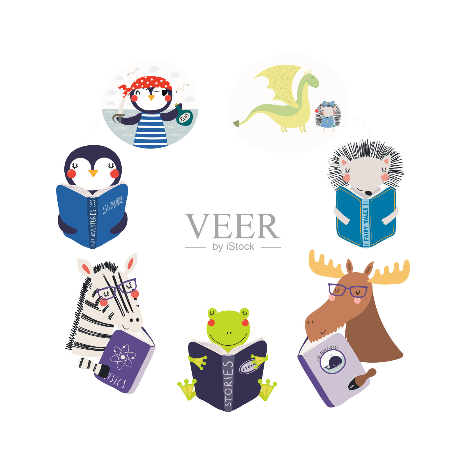 可爱的动物读书书框插画图片素材