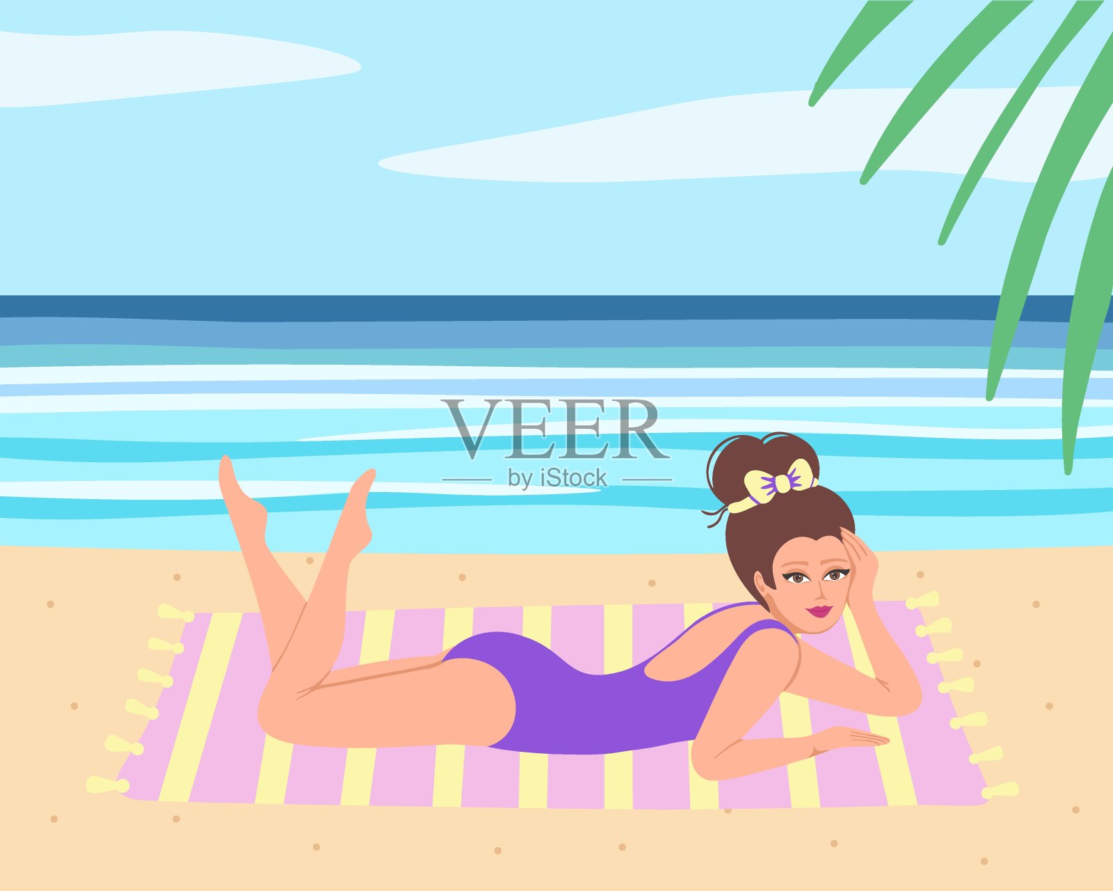 女孩躺在沙滩上晒日光浴插画图片素材