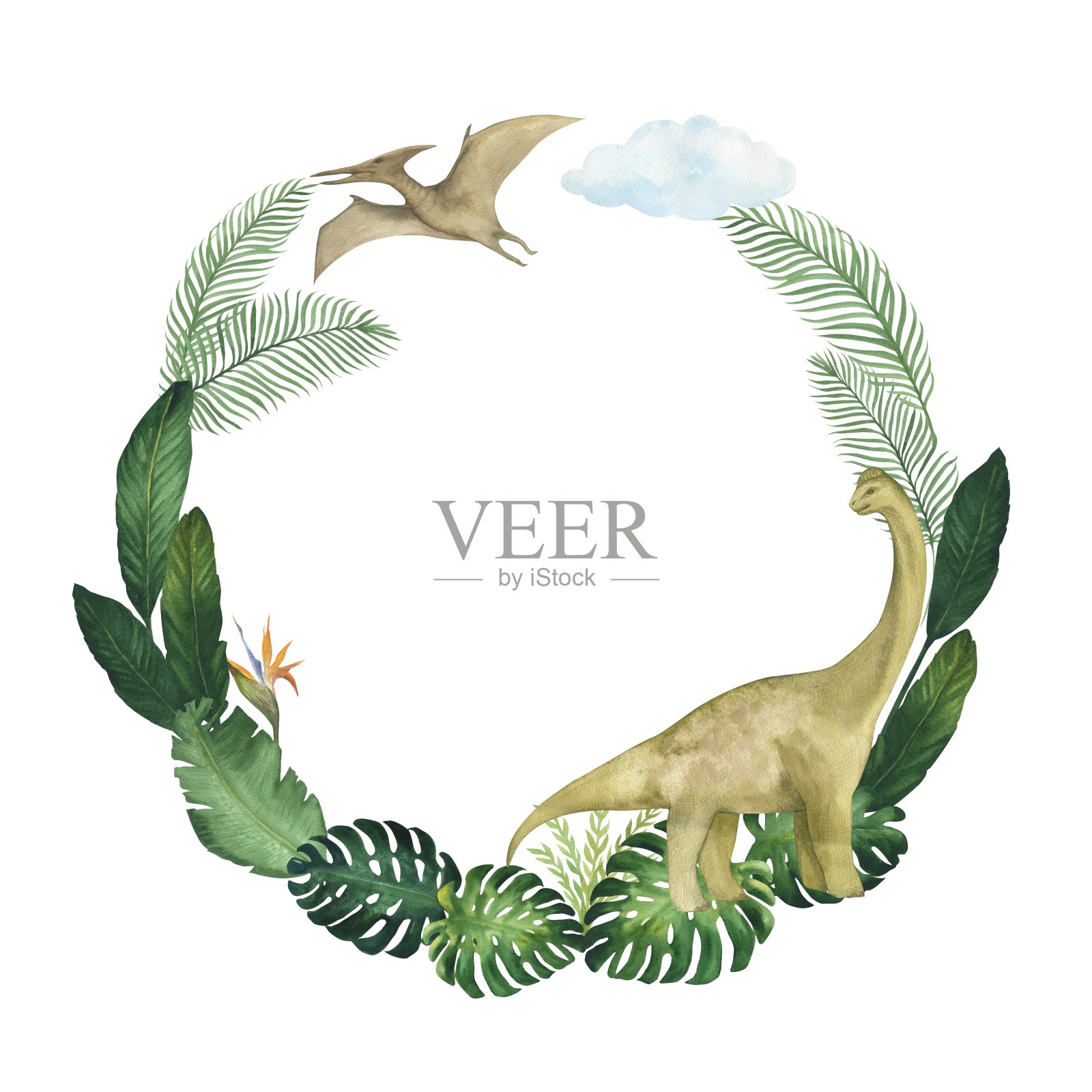 水彩圆圈框架与插图的恐龙和热带树叶,怪物,棕榈树,孤立。用于儿童房装饰、墙纸、纺织品插画图片素材