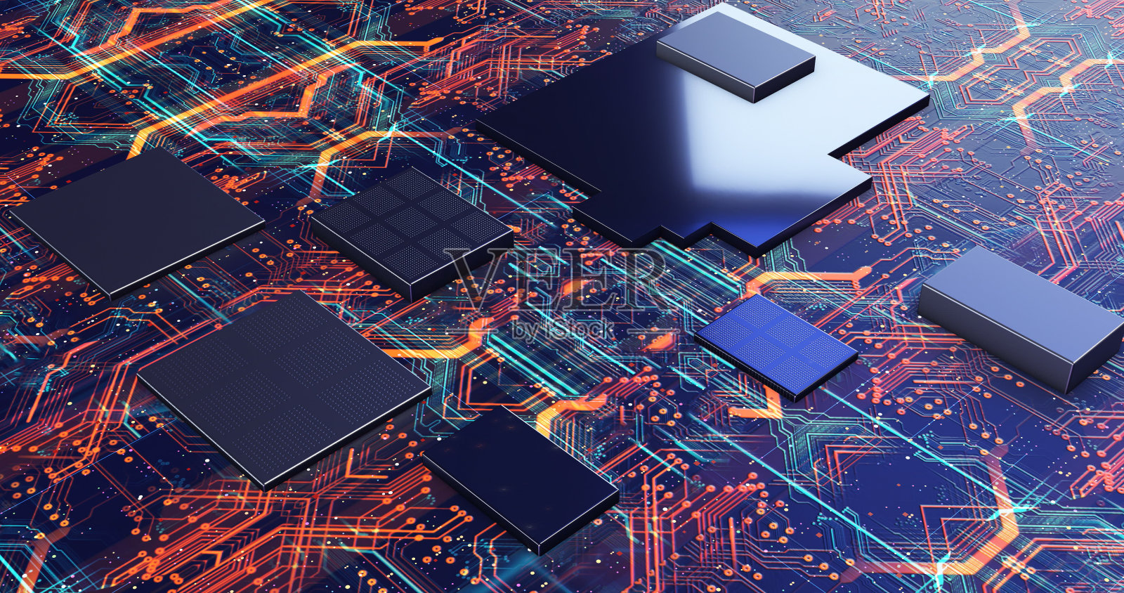 带有连接和信号的计算机处理器。巨大的数据传输。照片摄影图片