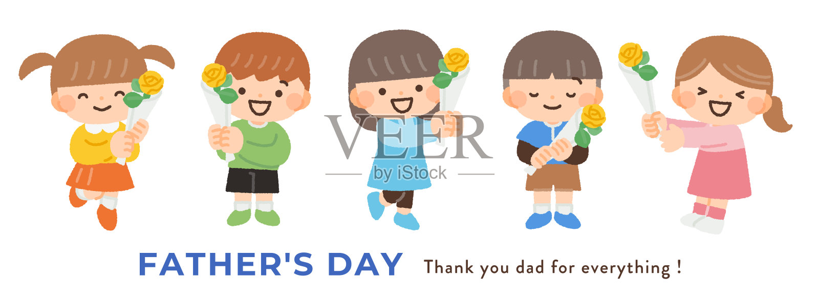 孩子们在父亲节手持黄玫瑰的插图材料插画图片素材