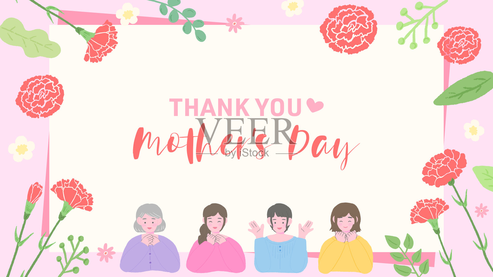 康乃馨和妈妈的背景框架的灵感来自母亲节,可爱的手绘插图插画图片素材