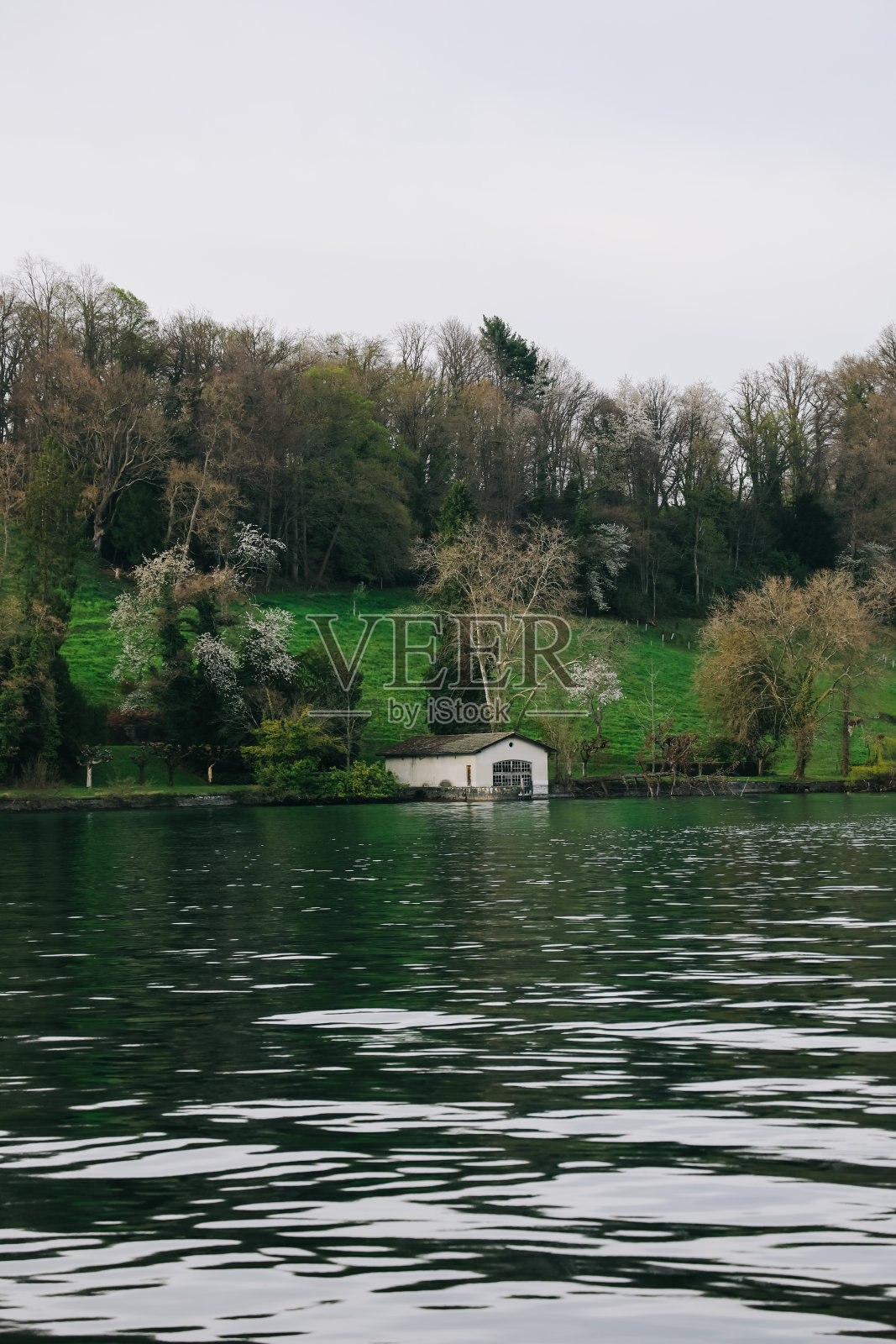 瑞士卢塞恩附近瑞士村庄的水景。照片摄影图片