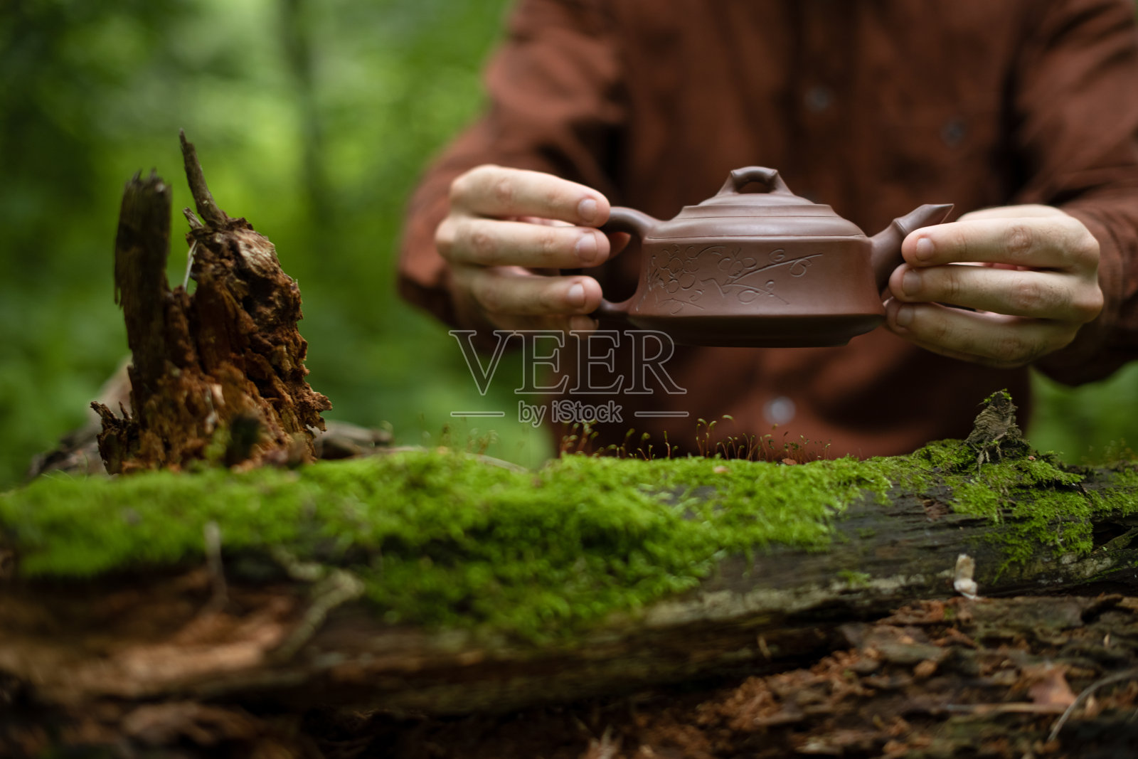 一名男子手持棕色粘土茶壶,靠近长满青苔的原木照片摄影图片