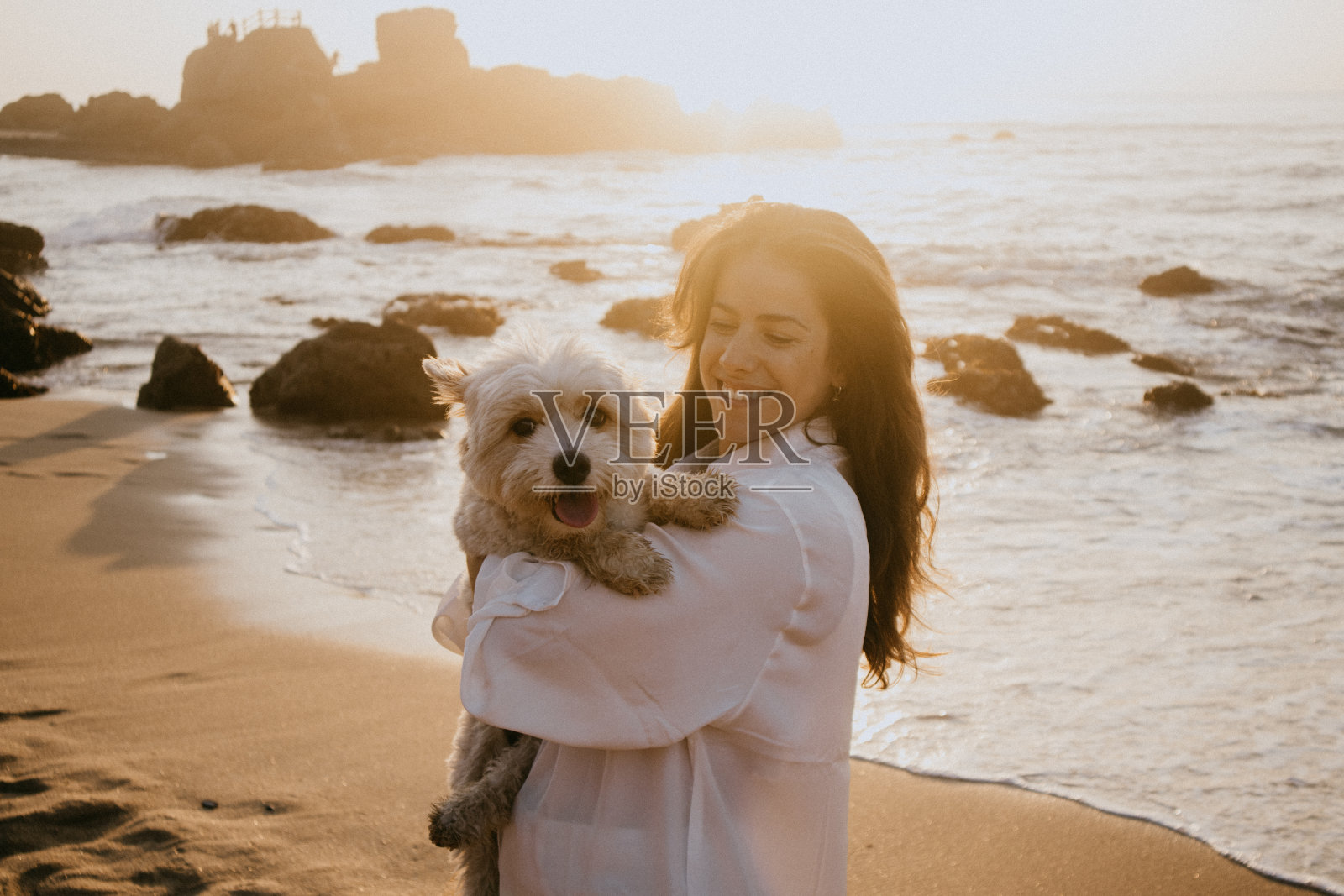 女孩和狗:海边邦德照片摄影图片