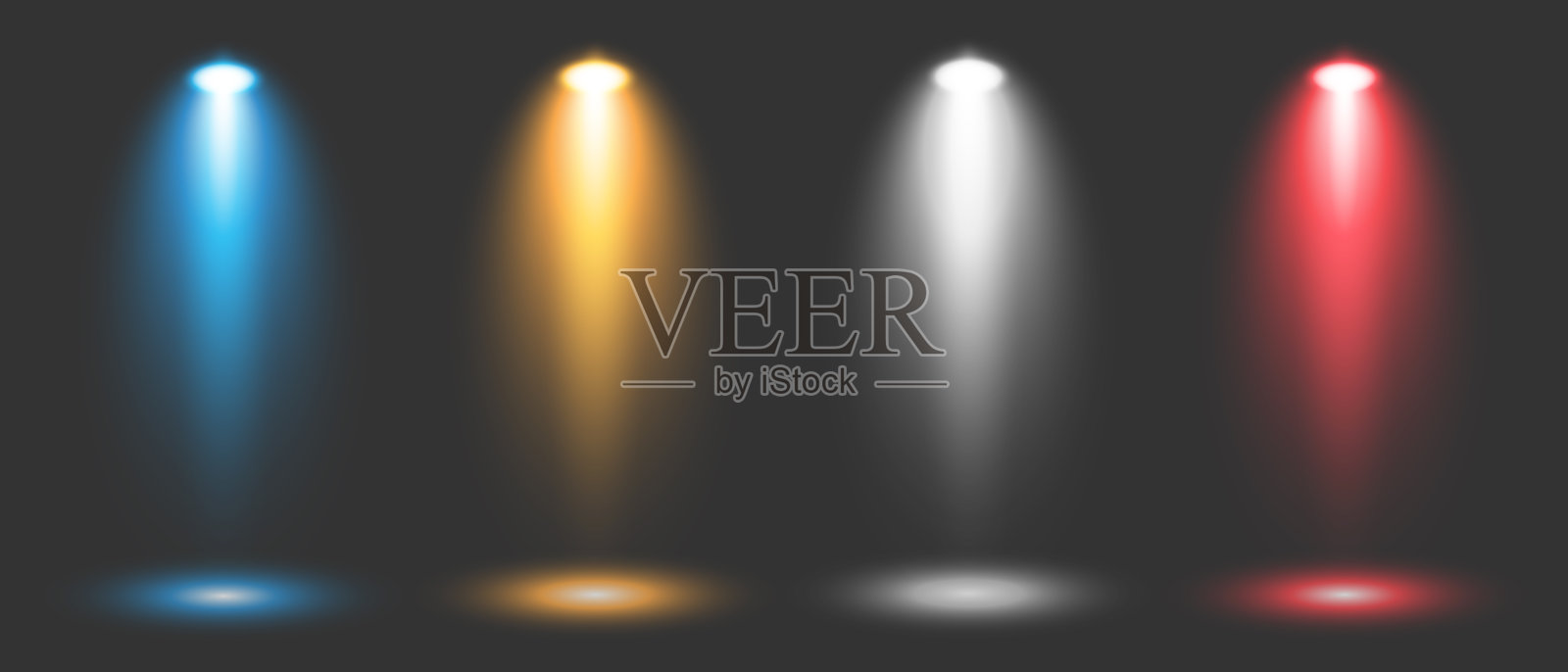 聚光灯:一组四个彩色的聚光灯,在黑暗的背景上用光线照亮舞台插画图片素材