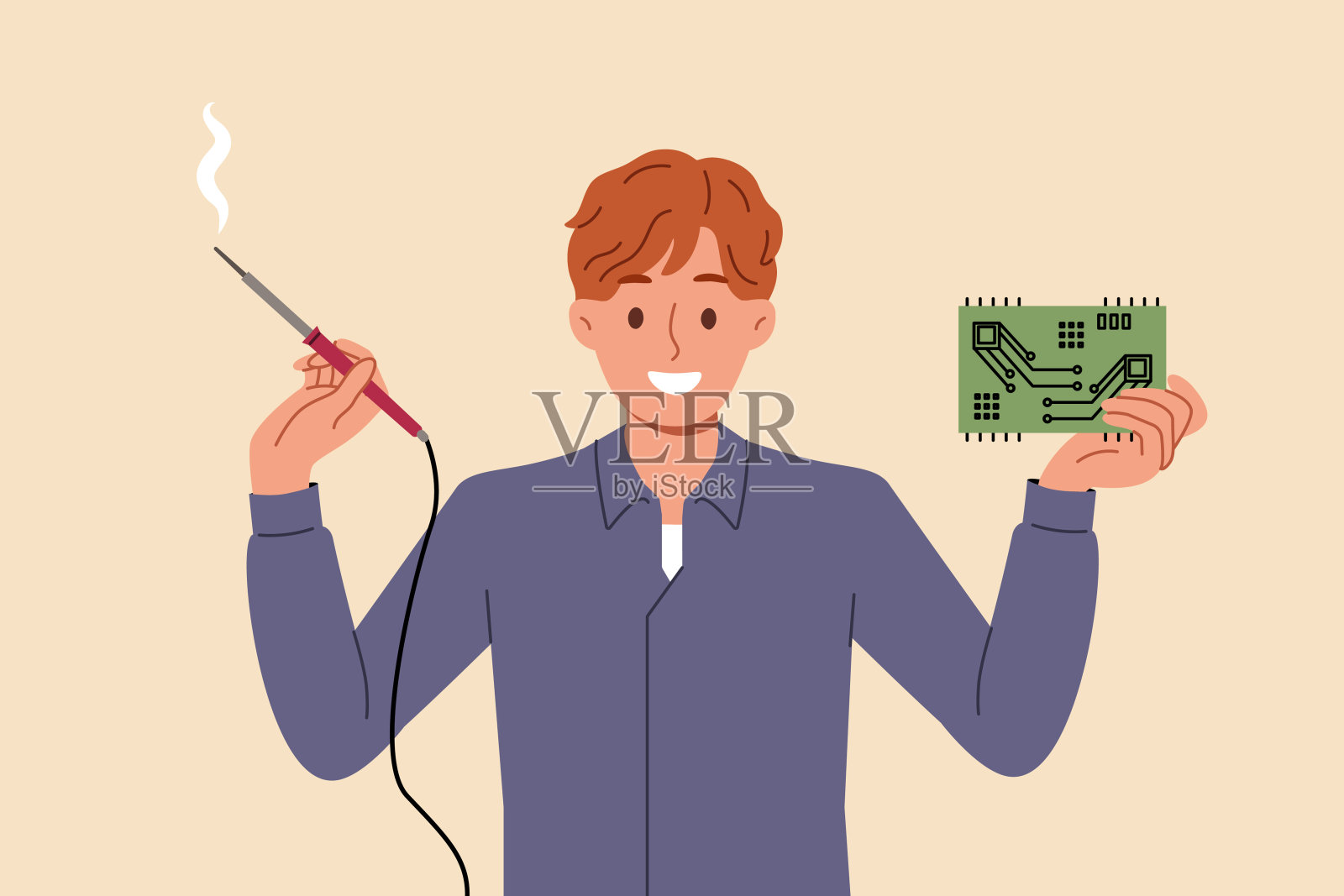 一位手持电子电路和电动工具的工程师为新PCB的发明而高兴插画图片素材