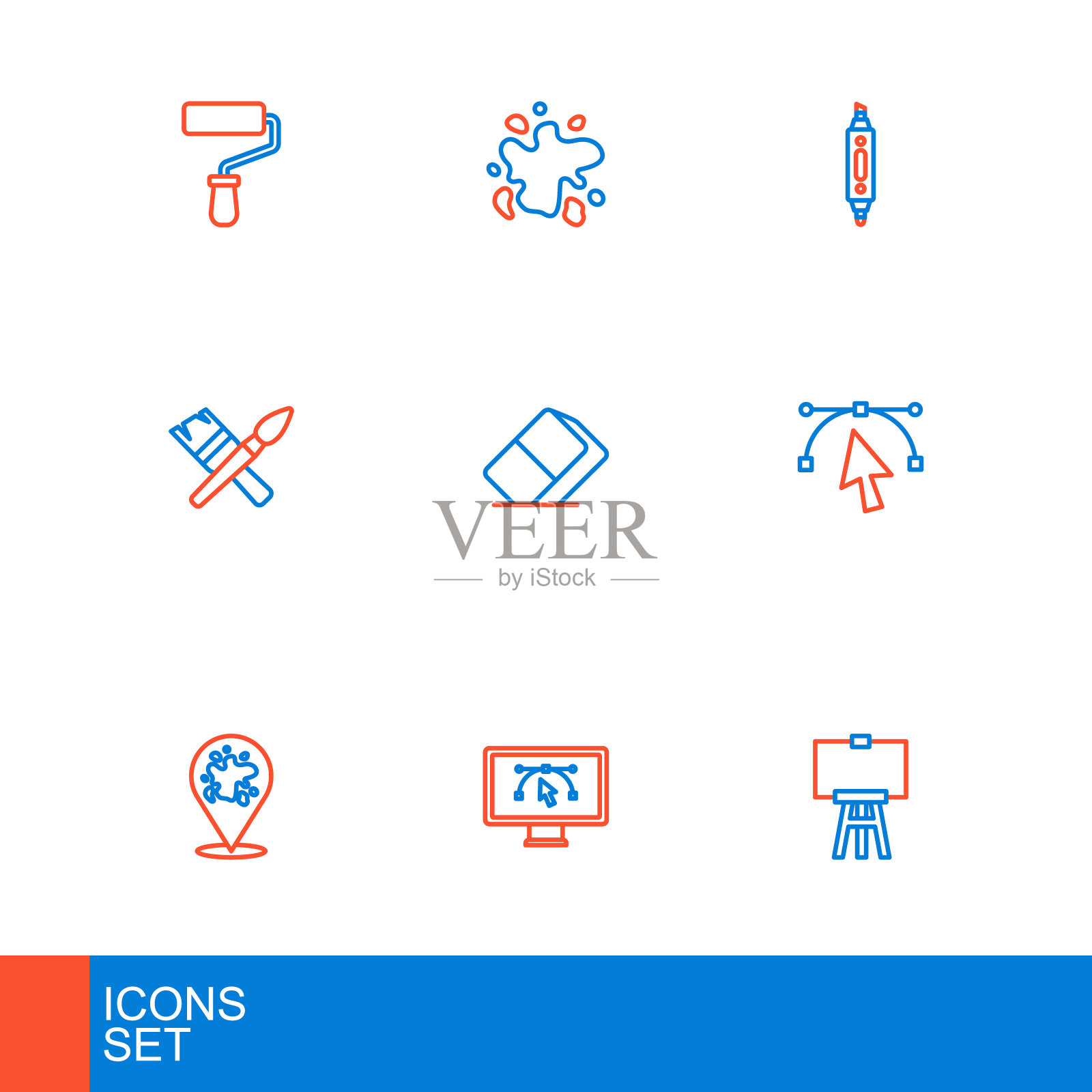 设置线木画架,电脑设计程序,喷漆,贝塞尔曲线,刷子,橡皮擦或橡胶,记号笔和图标。向量插画图片素材