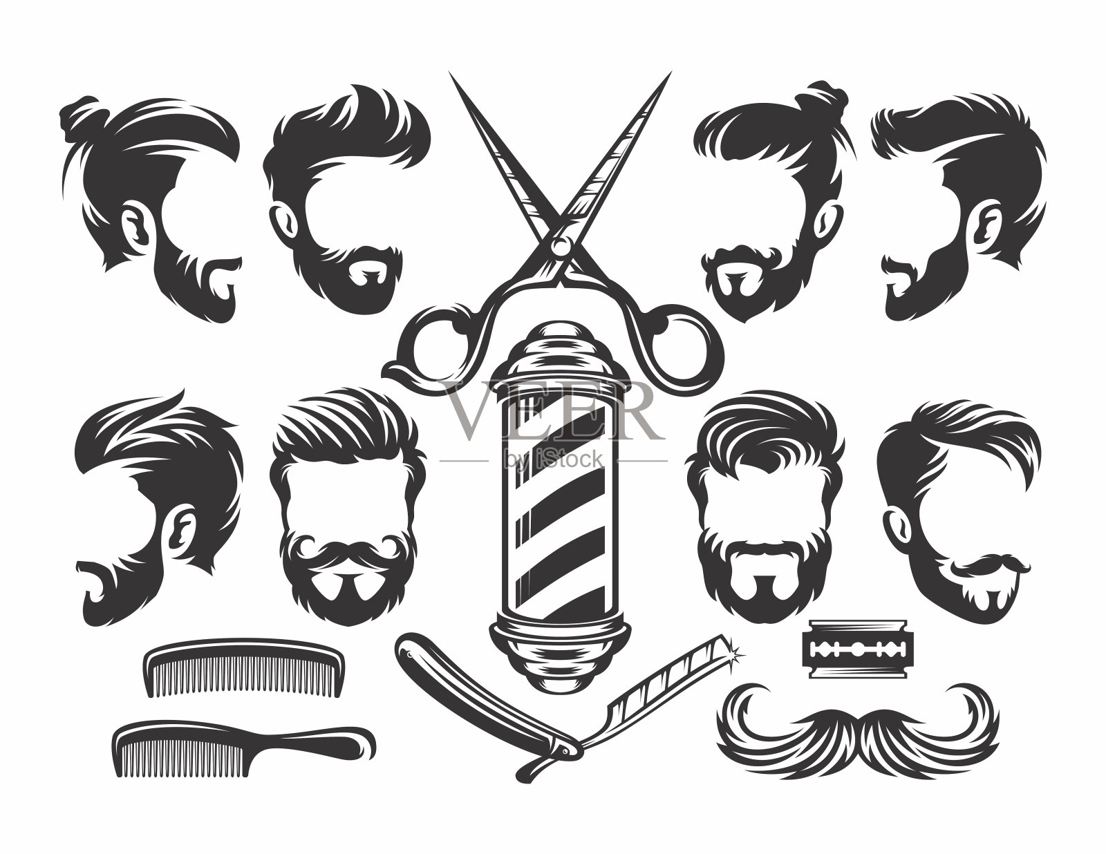 理发店矢量轮廓和图标集。用于标识,标签,徽章和广告。采购产品剪影,剃刀剪影,男人发型。——矢量插画图片素材