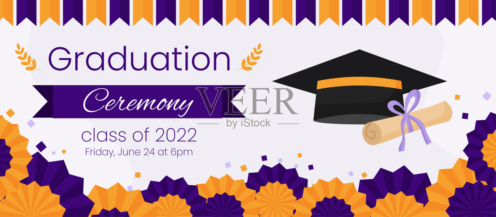 高中毕业典礼和聚会邀请模板。社交媒体的贺卡概念。带文凭和紫色装饰的毕业帽。矢量插图传单。插画图片素材