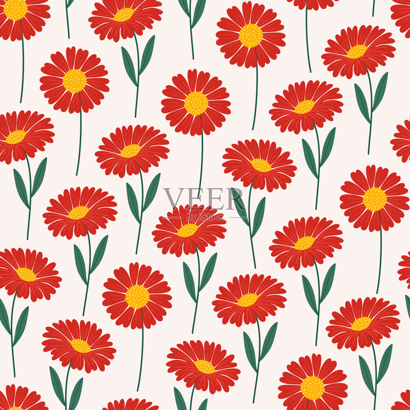 无缝图案与红色非洲菊花在米色背景。夏季花卉矢量插图。明亮的春季植物印花,现代风格的设计插画图片素材