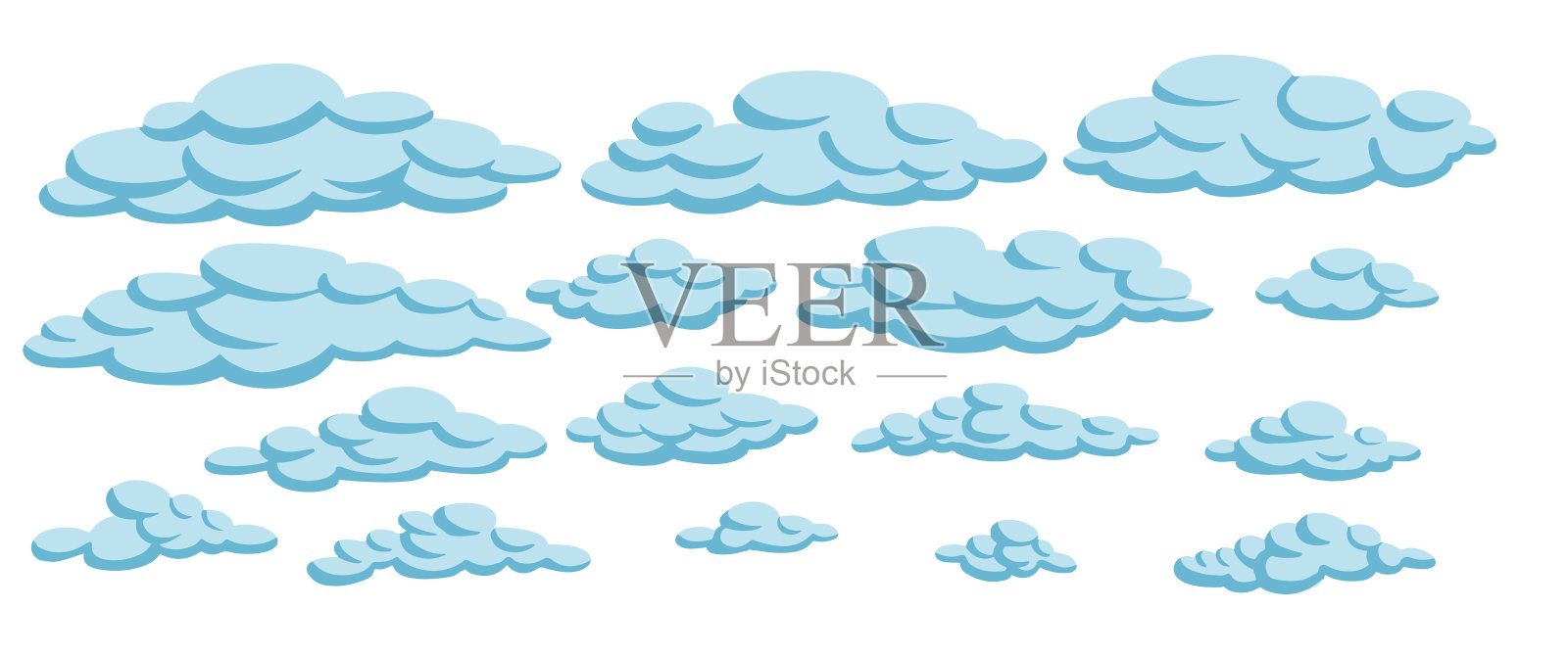 平面卡通云集合。天空中的云景,白色的云与阴影隔离矢量插图插画图片素材