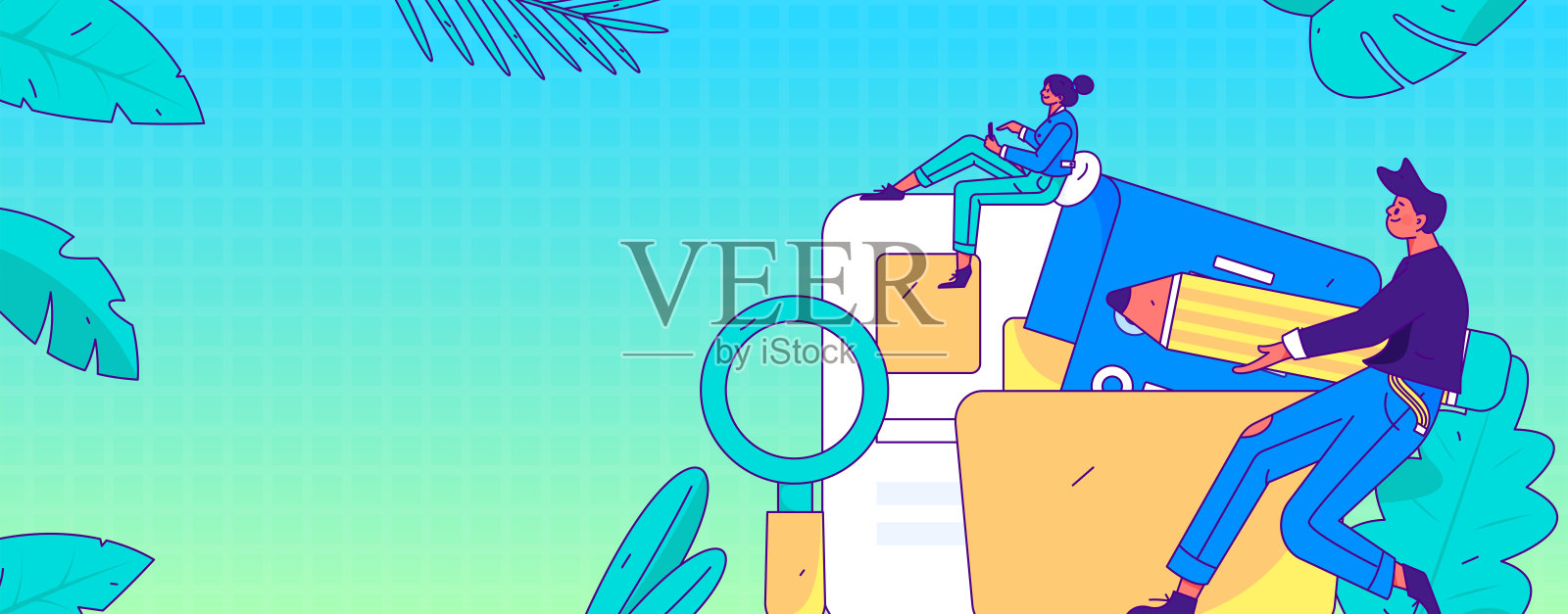 平面矢量插图的业务人员操作的工作场景插画图片素材