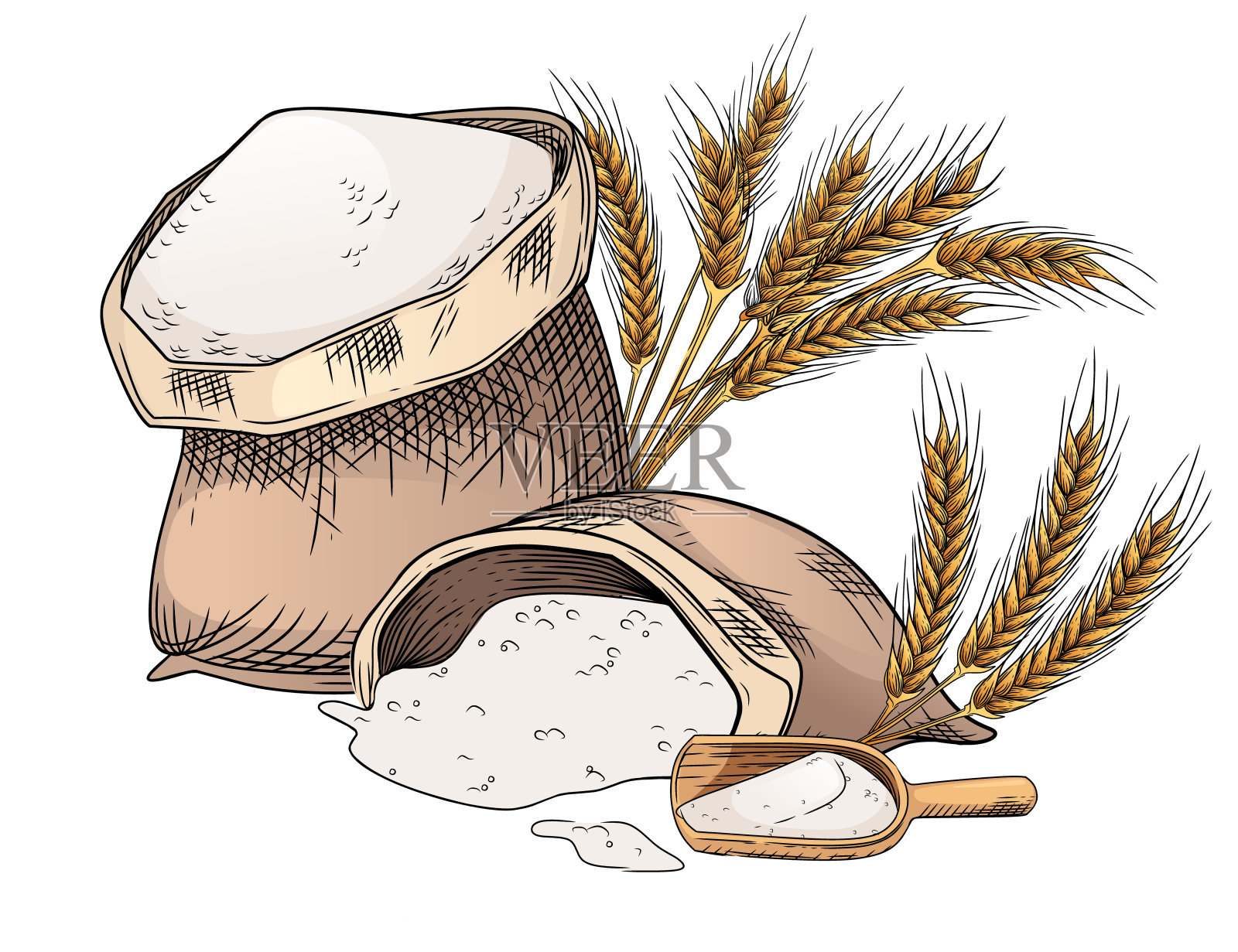 大纲草图的面粉袋铲子矢量插图在白色背景插画图片素材