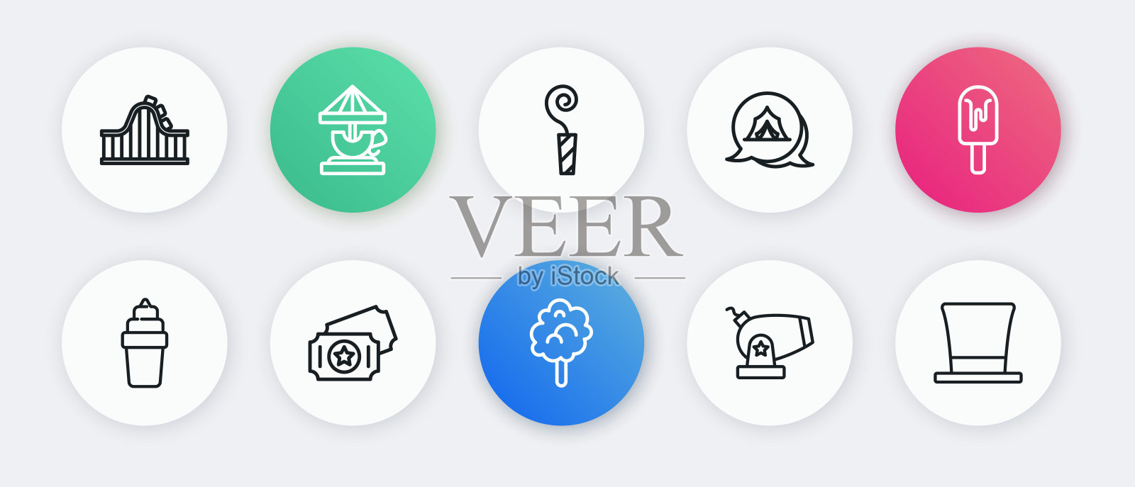 集线棉花糖,冰淇淋,在华夫饼,大炮,马戏团帐篷,生日聚会号角,汽缸帽和票图标。向量插画图片素材