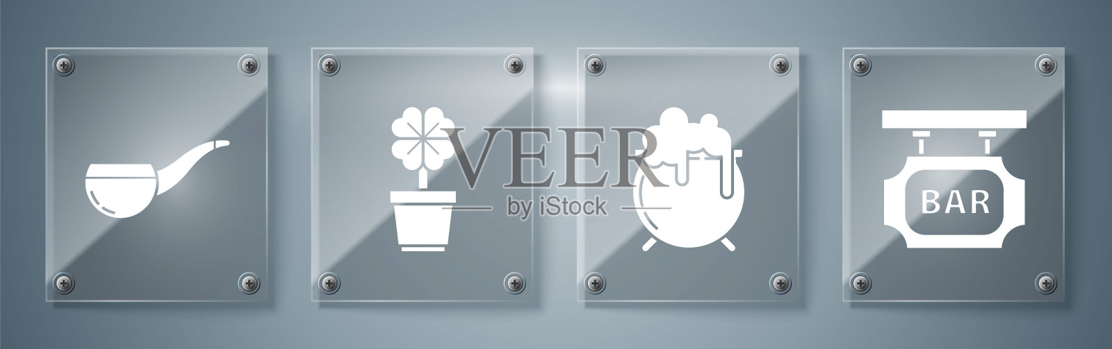 设置街道招牌,铭文酒吧,女巫大锅,四叶三叶草在锅和烟斗。方形玻璃板。向量插画图片素材