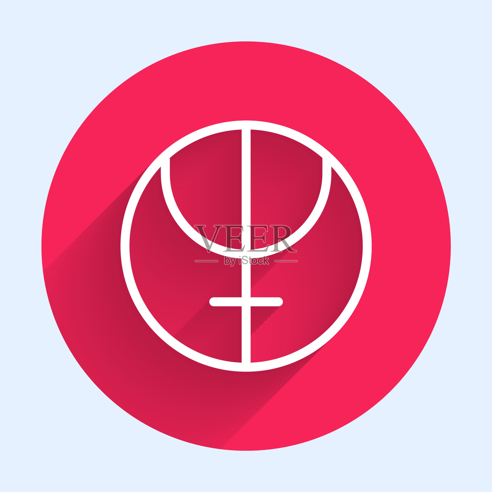 白线海王星行星符号图标与长阴影背景隔离。占星术,命理学,占星术,天文学。红色圆圈按钮。向量插画图片素材