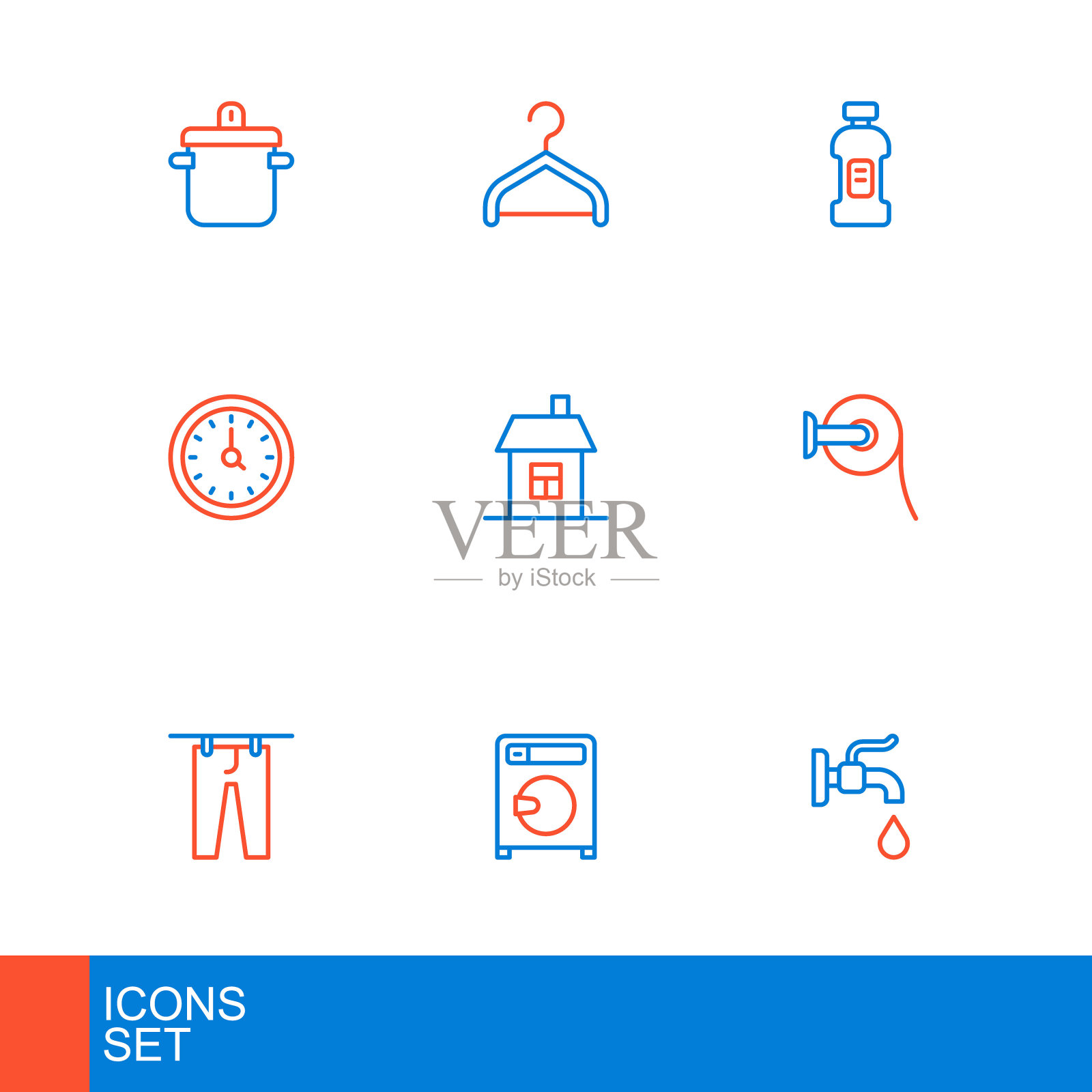 设置线水龙头,洗衣机,烘干衣服,卫生纸卷,时钟,房子,瓶子洗涤剂和衣架衣柜图标。向量插画图片素材