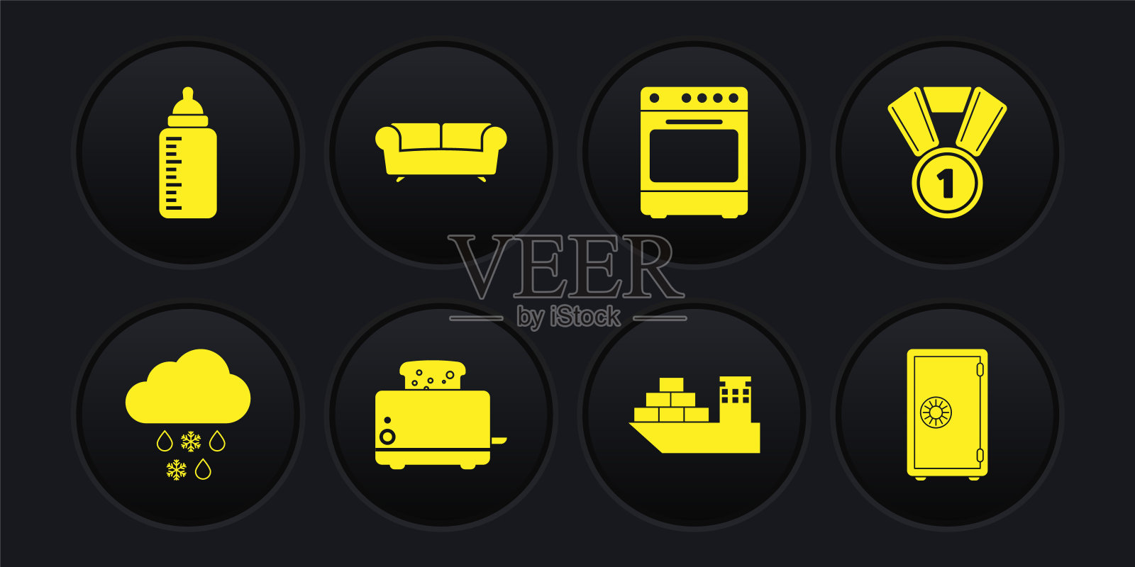 集云与雪和雨,奖章,烤面包机烤面包,货船,烤箱和沙发图标。向量插画图片素材