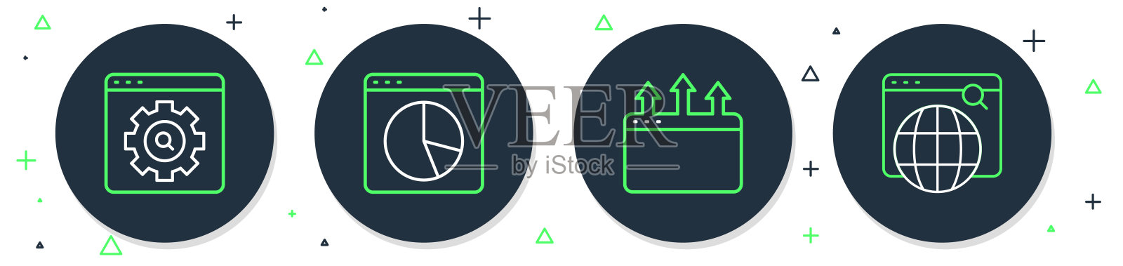 设置线形图信息图,浏览器窗口,设置和搜索引擎图标。向量插画图片素材