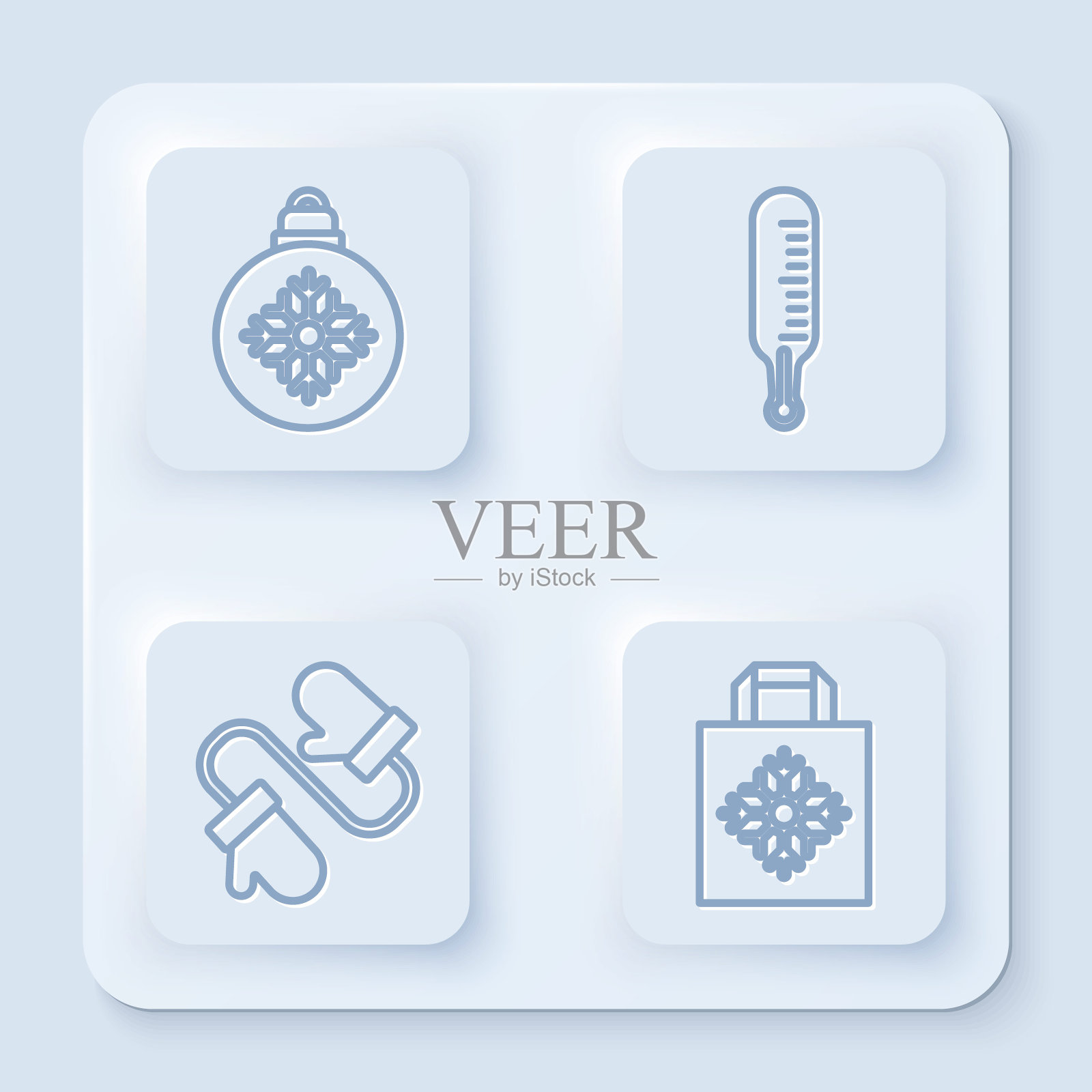 套线圣诞球,气象温度计测量,一双针织圣诞手套和圣诞纸购物袋。白色方形按钮。向量插画图片素材