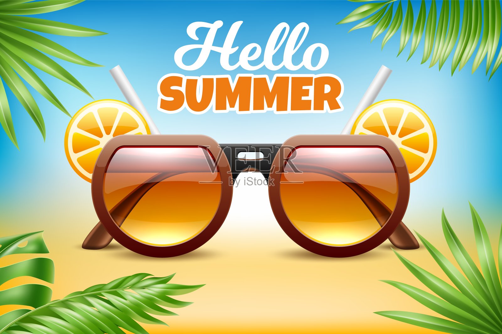 你好,夏天。海边太阳镜,热带棕榈叶。夏日派对和促销横幅,海上度假。现代的配件。时髦的眼镜。现实孤立的元素。向量的概念插画图片素材