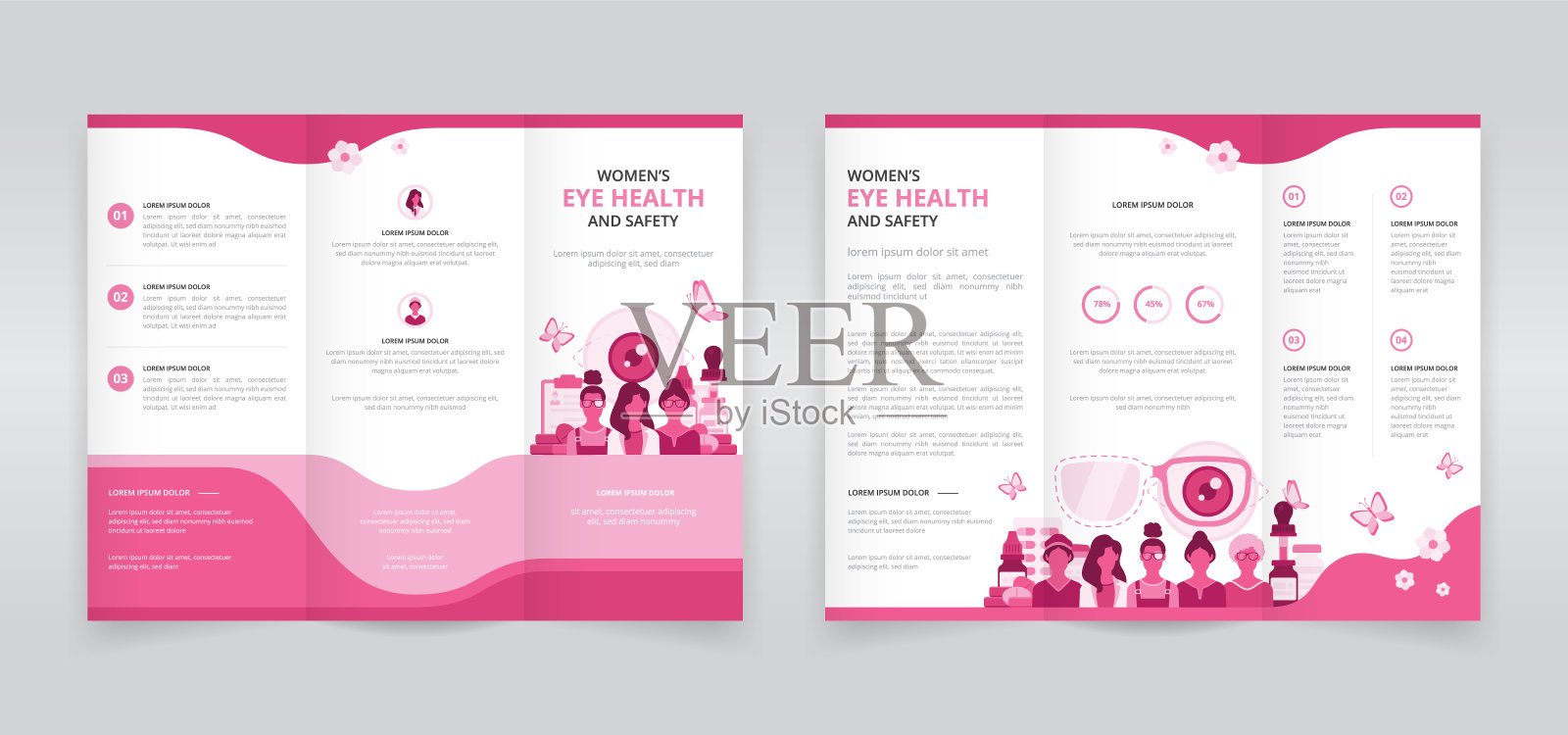 三重小册子,小册子或三联传单模板理想的提高妇女的眼睛健康和安全意识插画图片素材