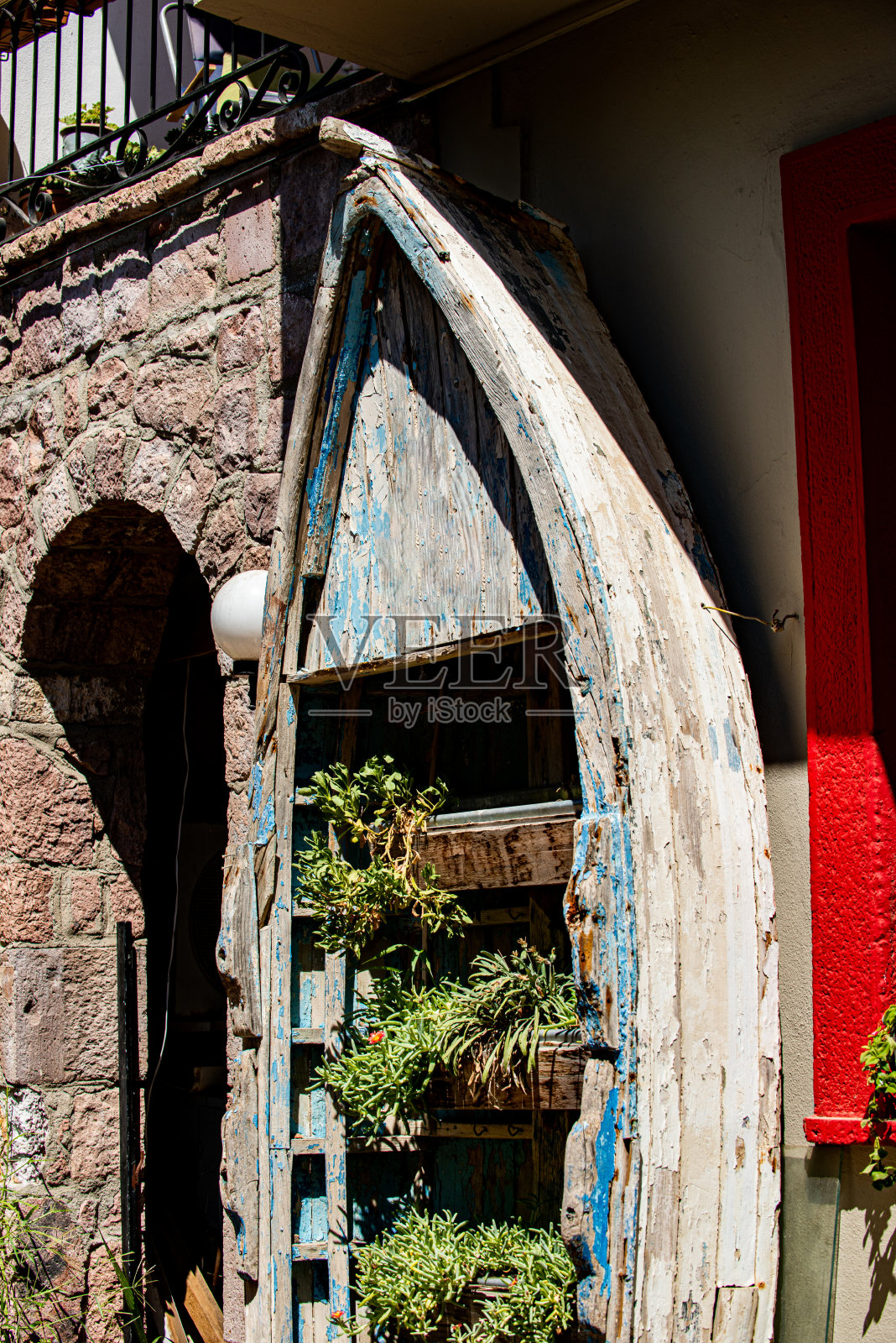 渔船上的植物装饰照片摄影图片