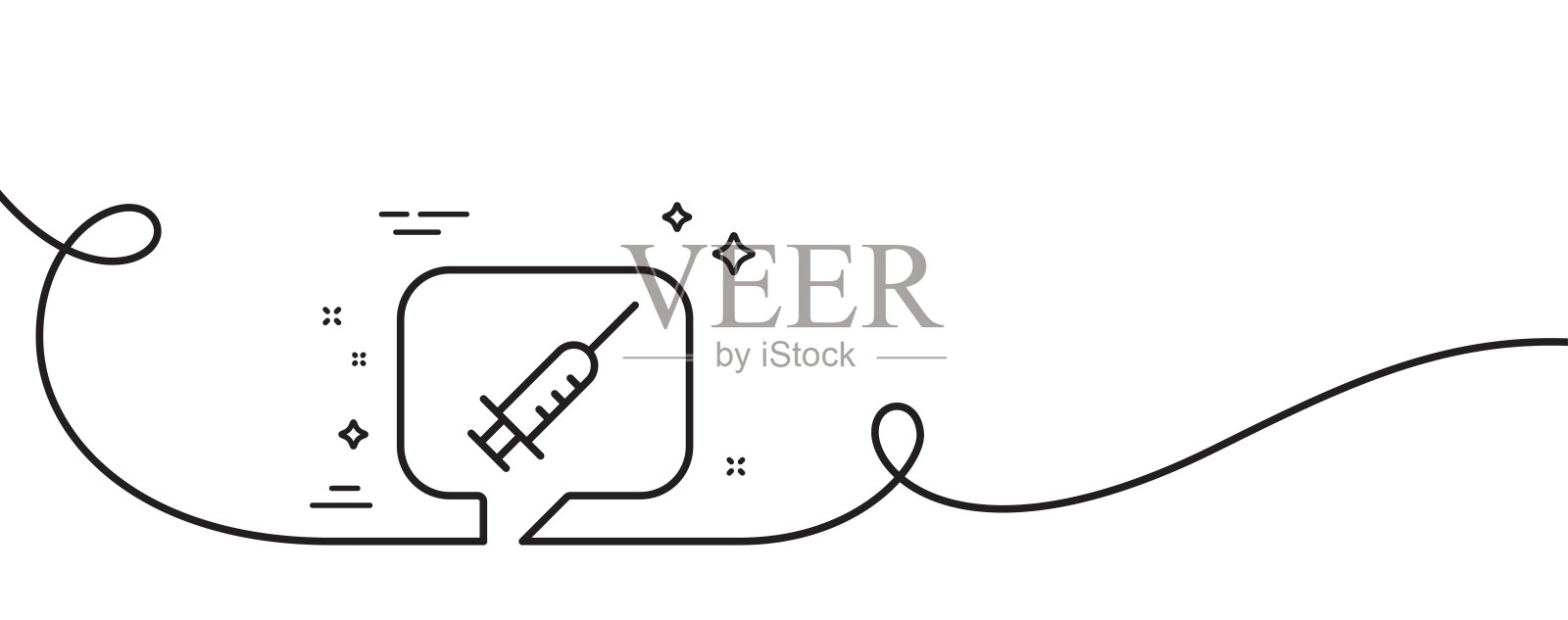 疫苗消息行图标。疫苗注射器标志。带旋度的连续线。向量插画图片素材