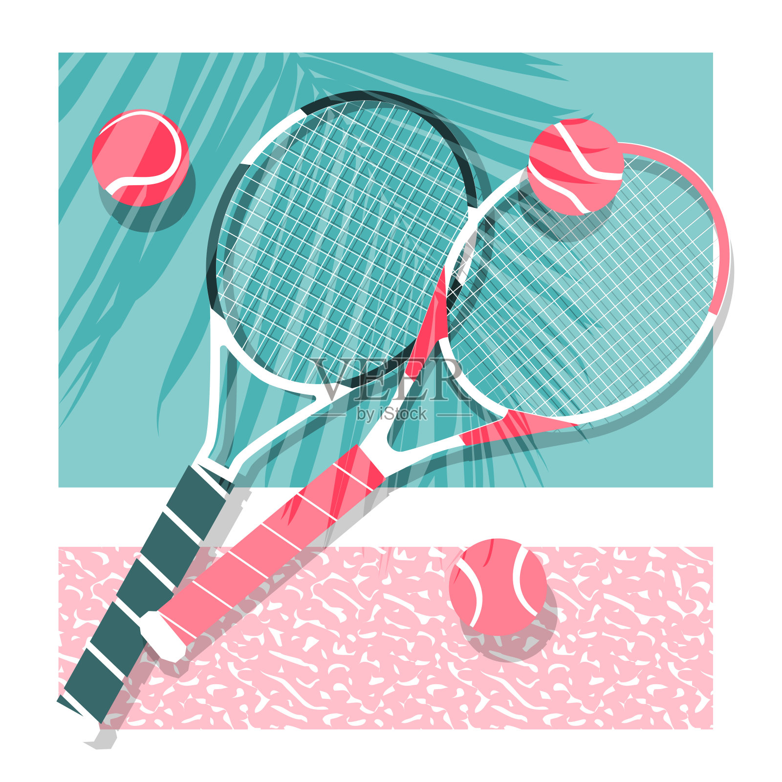 团队运动的概念和复古风格的胜利。运动网球拍和球在棕榈树树荫下的网球场的抽象背景上。体育比赛的时尚矢量海报。插画图片素材