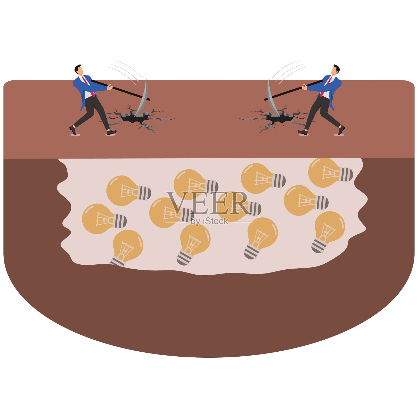 发掘新观念和新思想,学习的过程,发展新的教育或商业理念,潜在的创造力,等长两个商人用锄头挖掘埋在地下的灯泡插画图片素材