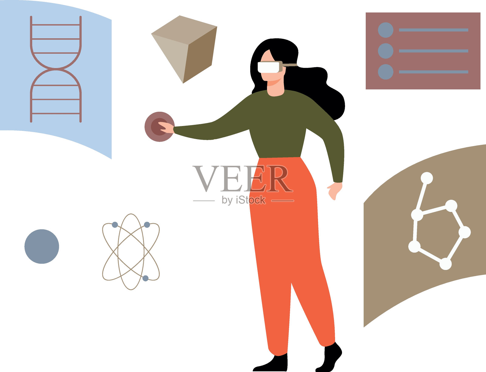 一个戴着虚拟现实技术做科学研究的女孩。插画图片素材
