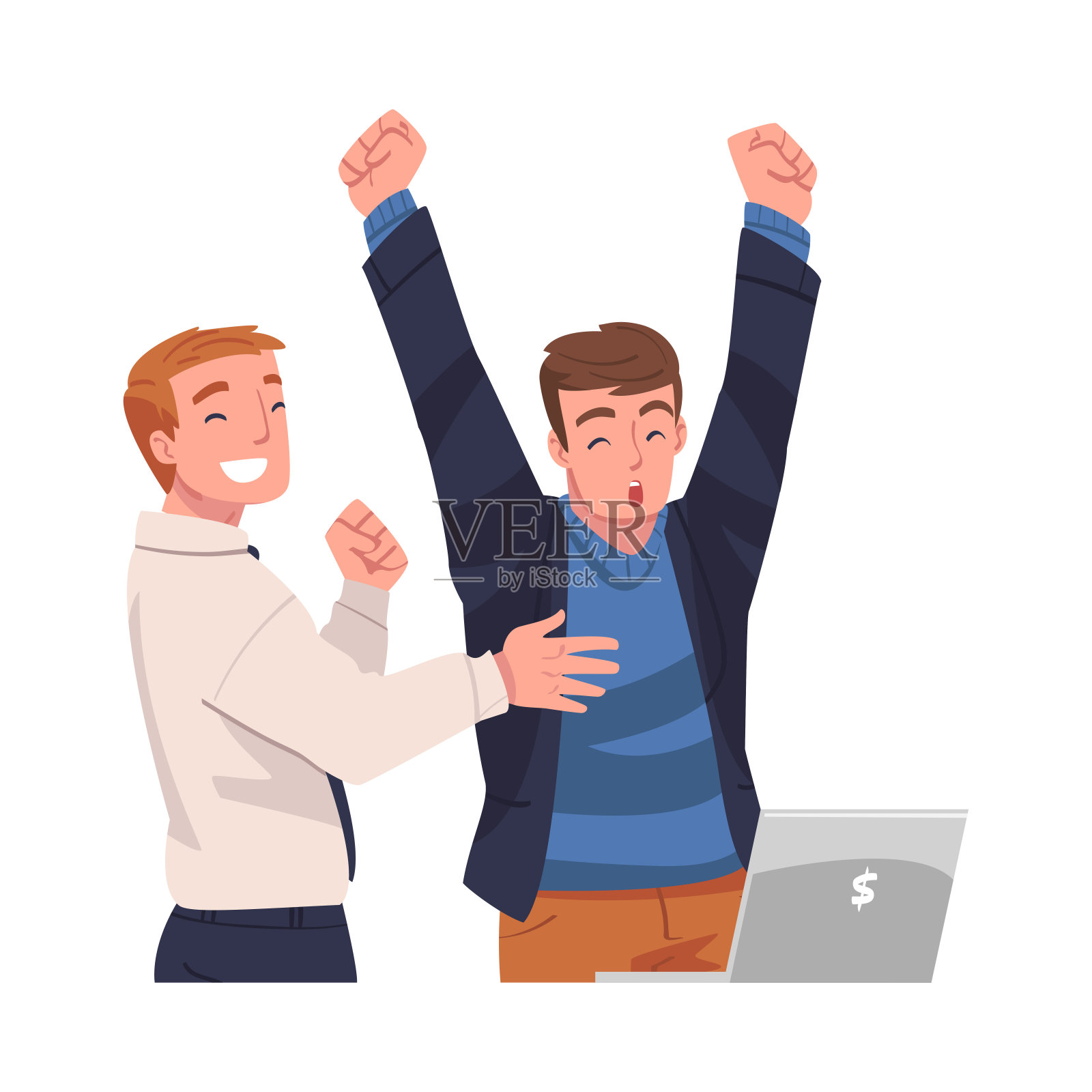 幸运的人性格庆祝成功和胜利看着笔记本电脑屏幕矢量插图插画图片素材