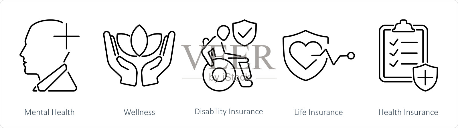 一套5个员工福利图标,如心理健康,健康,残疾保险插画图片素材