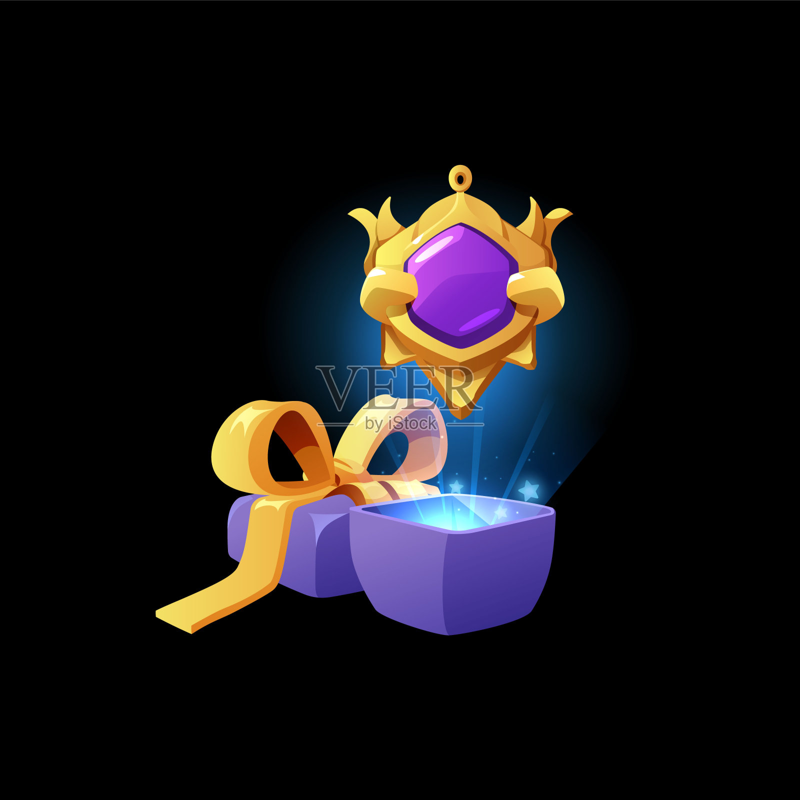 礼品盒上的紫石金吊坠。幻想游戏的奖励。插画图片素材
