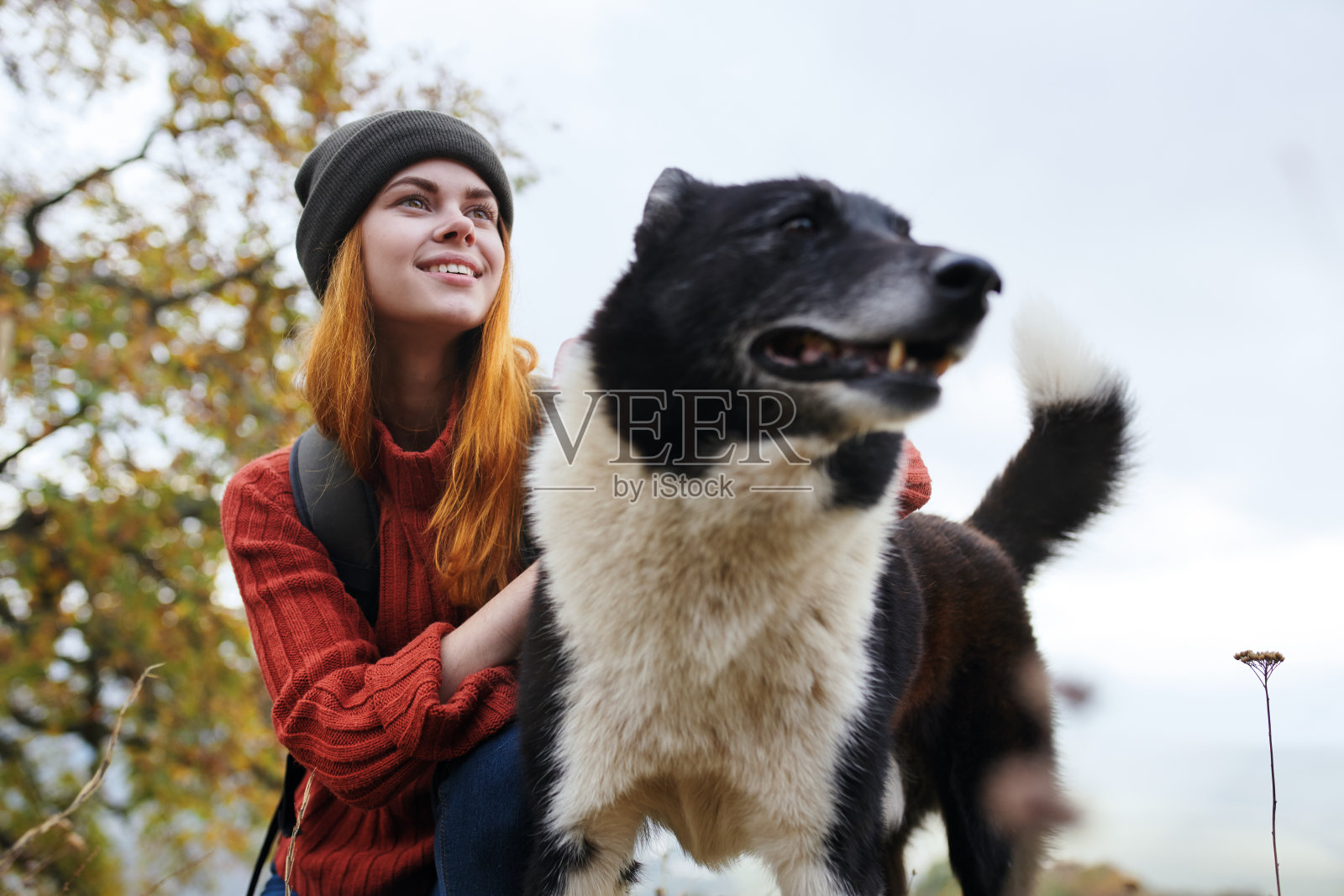 女游客与狗狗友好地拥抱大自然照片摄影图片