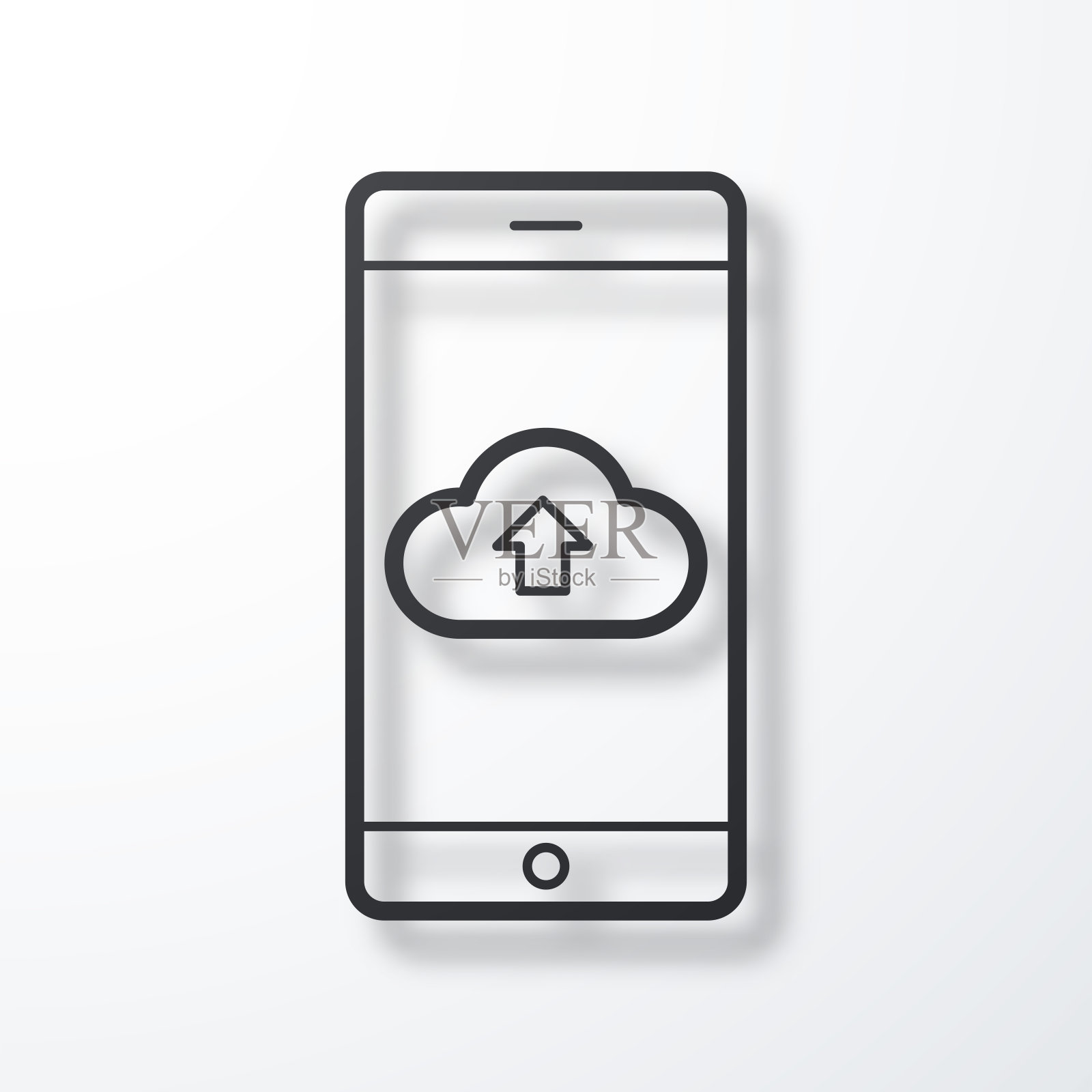 从智能手机云端上传。线图标与阴影在白色背景插画图片素材