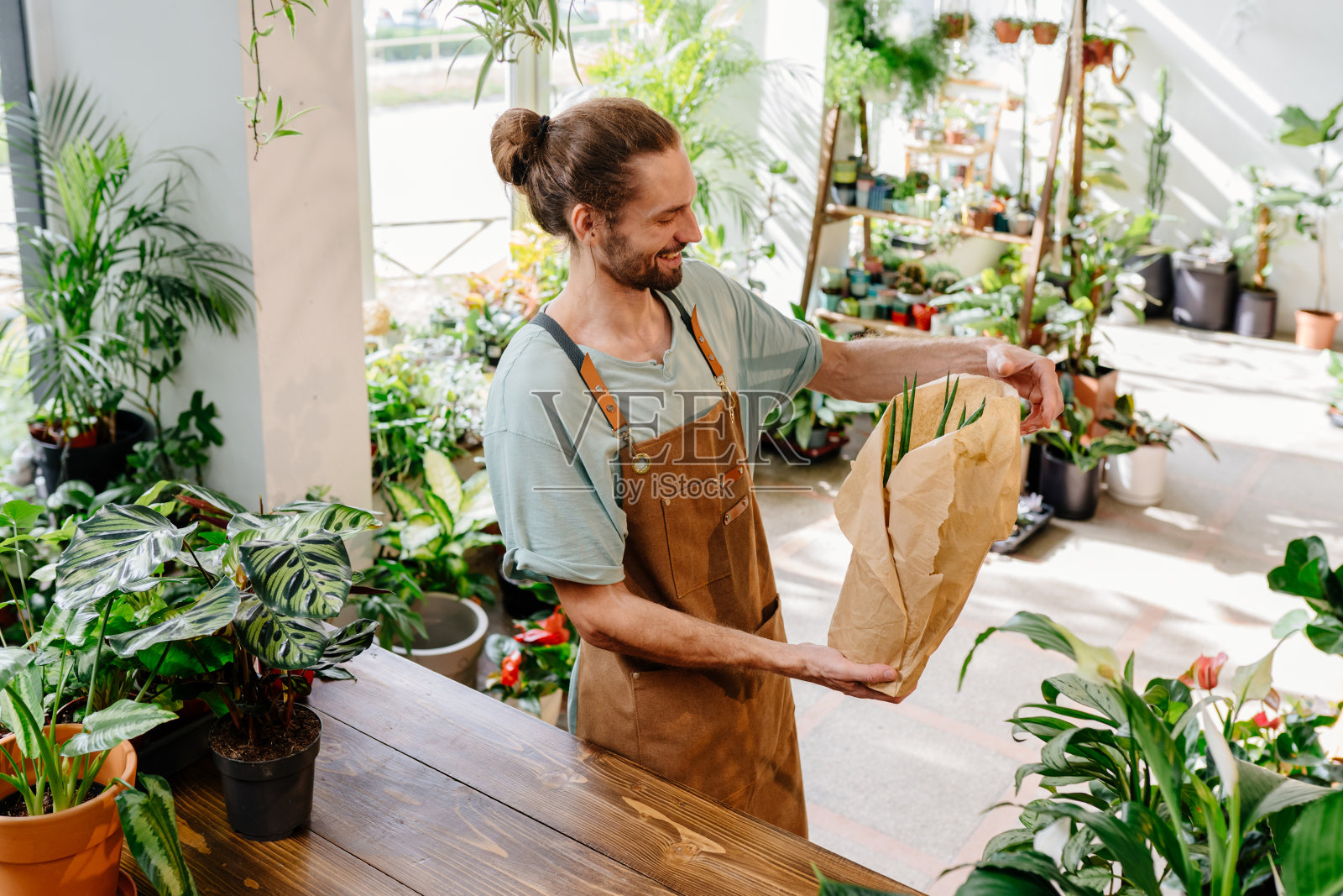 戴着围裙的帅哥用纸包着一盆植物。照片摄影图片