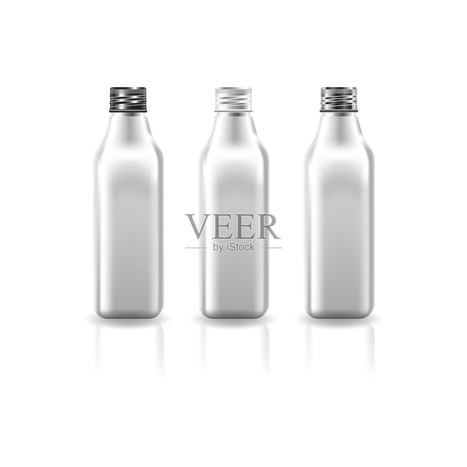 白色方形瓶身,黑-白-银螺旋盖,适用于美容、保健、食品等产品。孤立在白色背景上。准备用于包装设计。矢量插图。插画图片素材