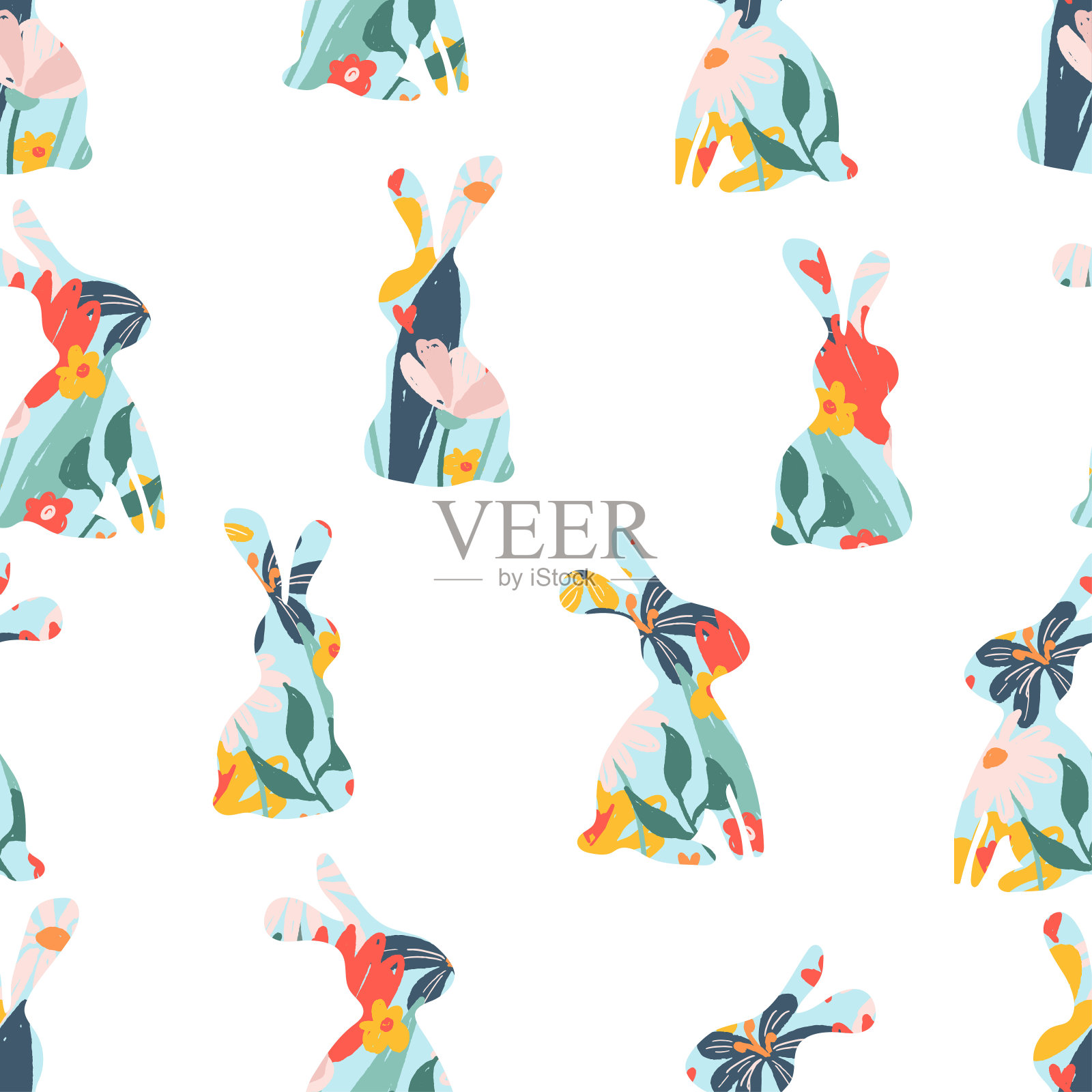 可爱的复活节无缝图案与兔子和鲜花插画图片素材
