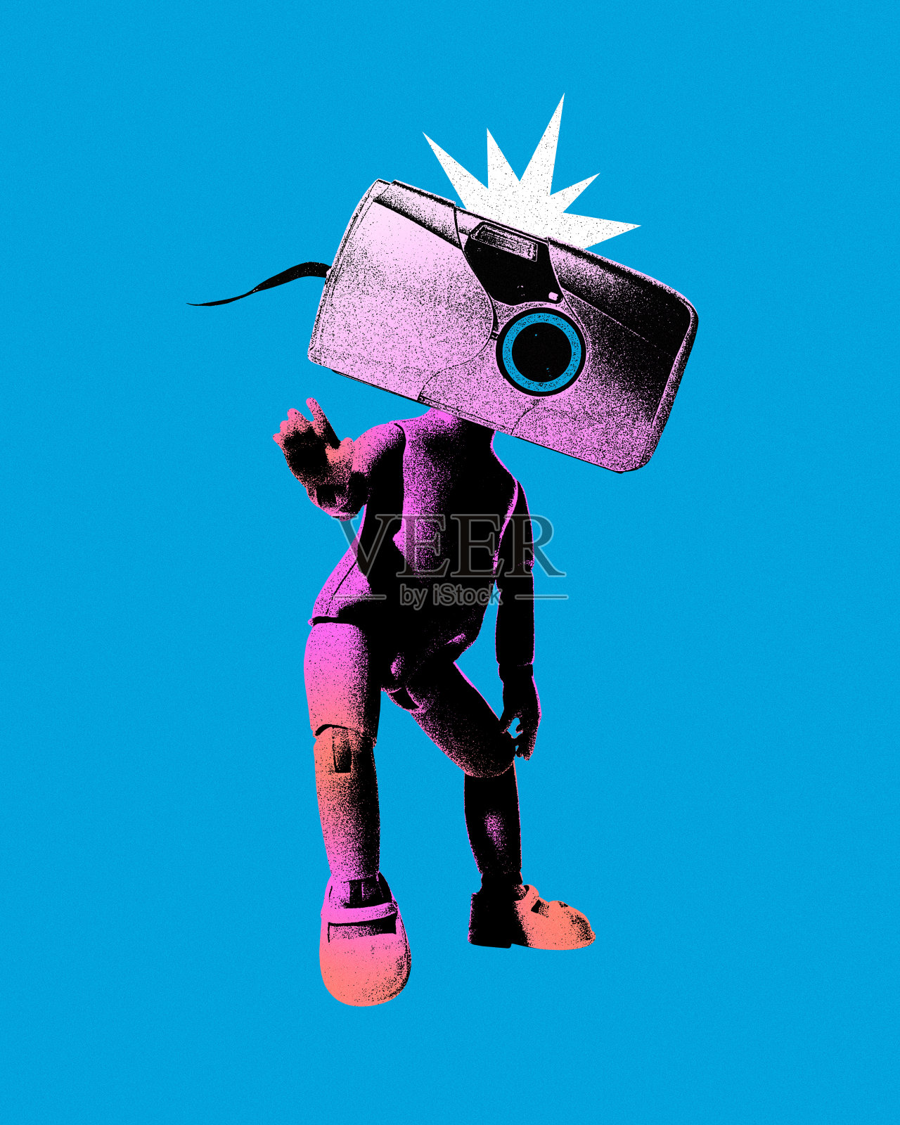 抽象剪影的人与复古的相机对蓝色背景的头部。模糊的效果。当代艺术拼贴。照片摄影图片