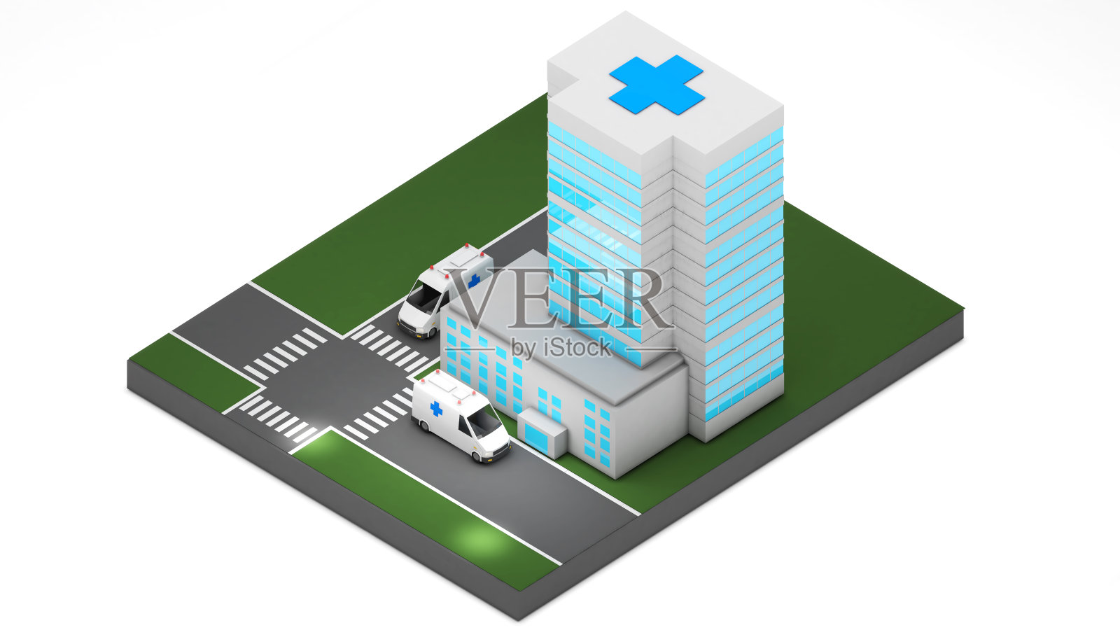 市医院和救护车在等距视野内。, 3 d渲染照片摄影图片