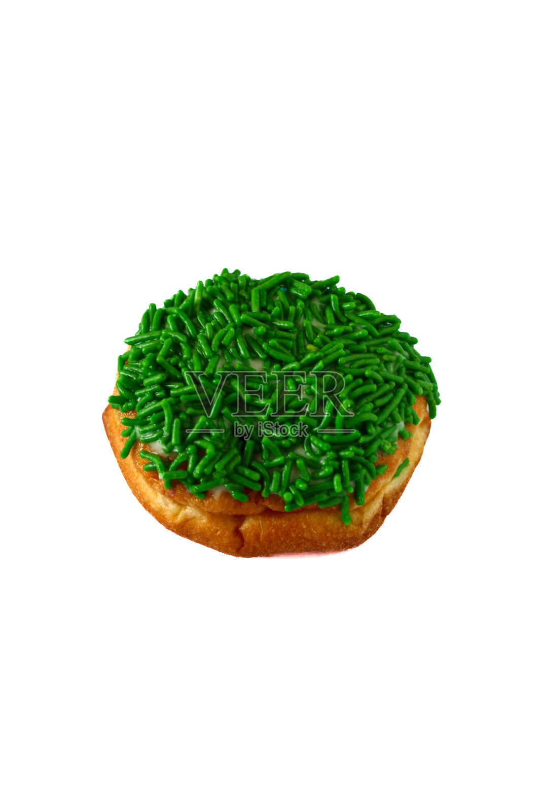 在白色背景上孤立的甜甜圈或甜甜圈。绿色的点缀。照片摄影图片