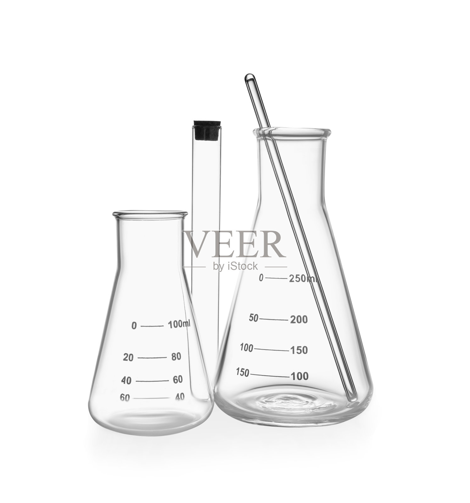 空烧瓶、试管和搅拌棒分离上白色照片摄影图片