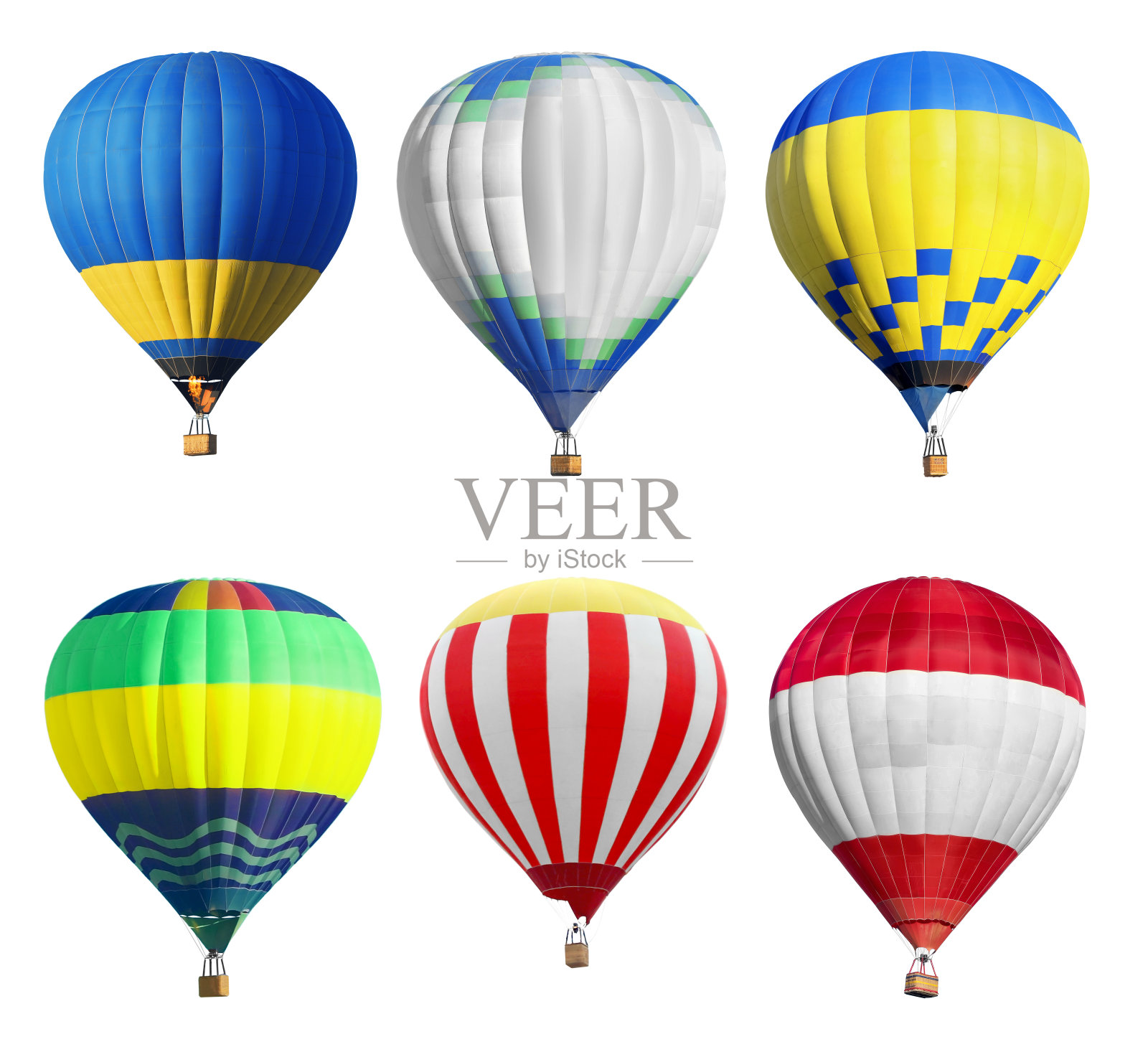 白色背景上明亮的热气球,设置照片摄影图片